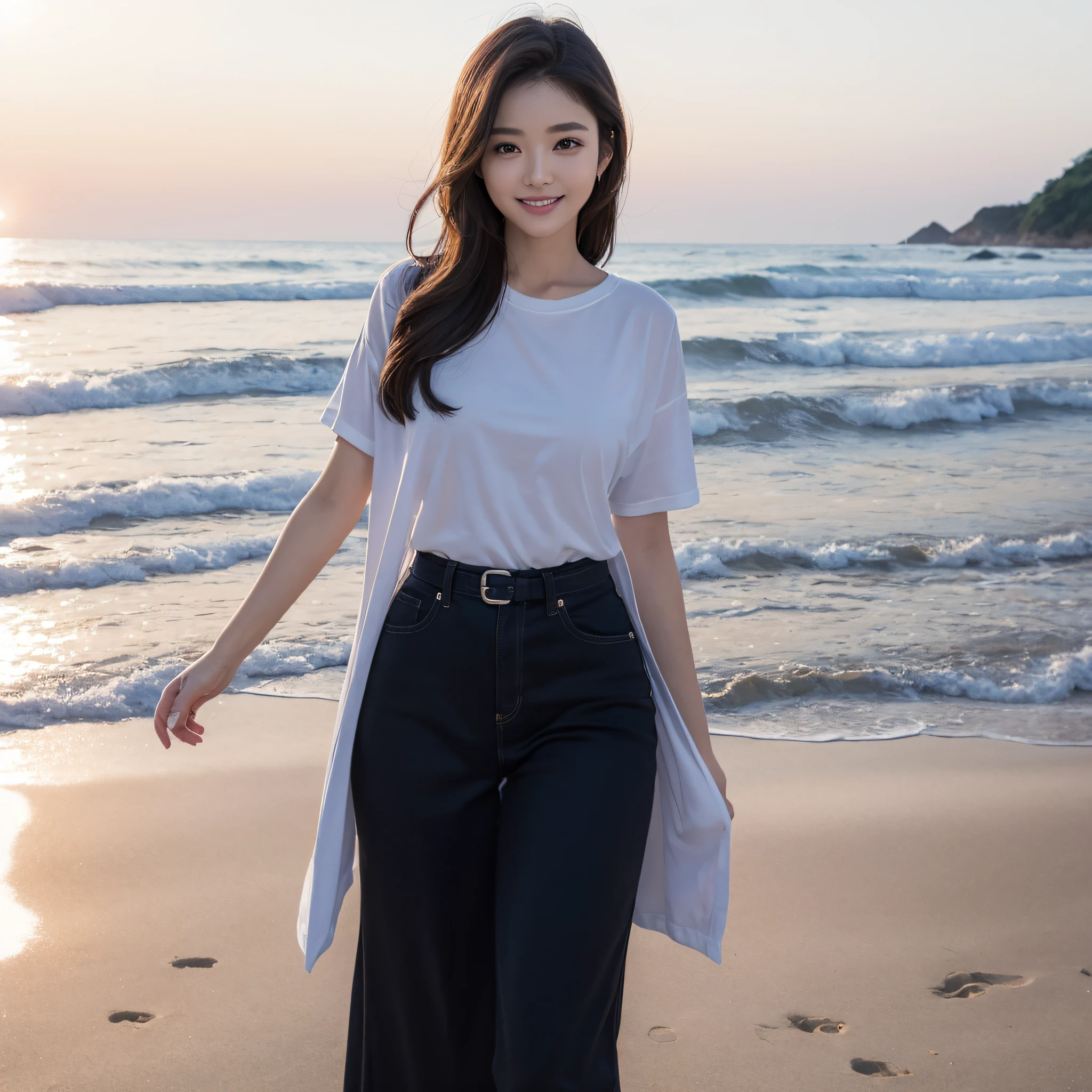 One lady、((best qualtiy、8k masterpieces:1.3))、foco nítido:1.2、(ultra beautiful faces:1.0)、(shinny skin:1.0)、photos realistic、A dark-haired、Video Lighting、High-definition eyes and face、Video Lighting、Japan actress with Korean-style makeup、from the front side、medium breasts、Smile、Slender Abs Beauty、Whole body、wearing t-shirts、On the beach at night
