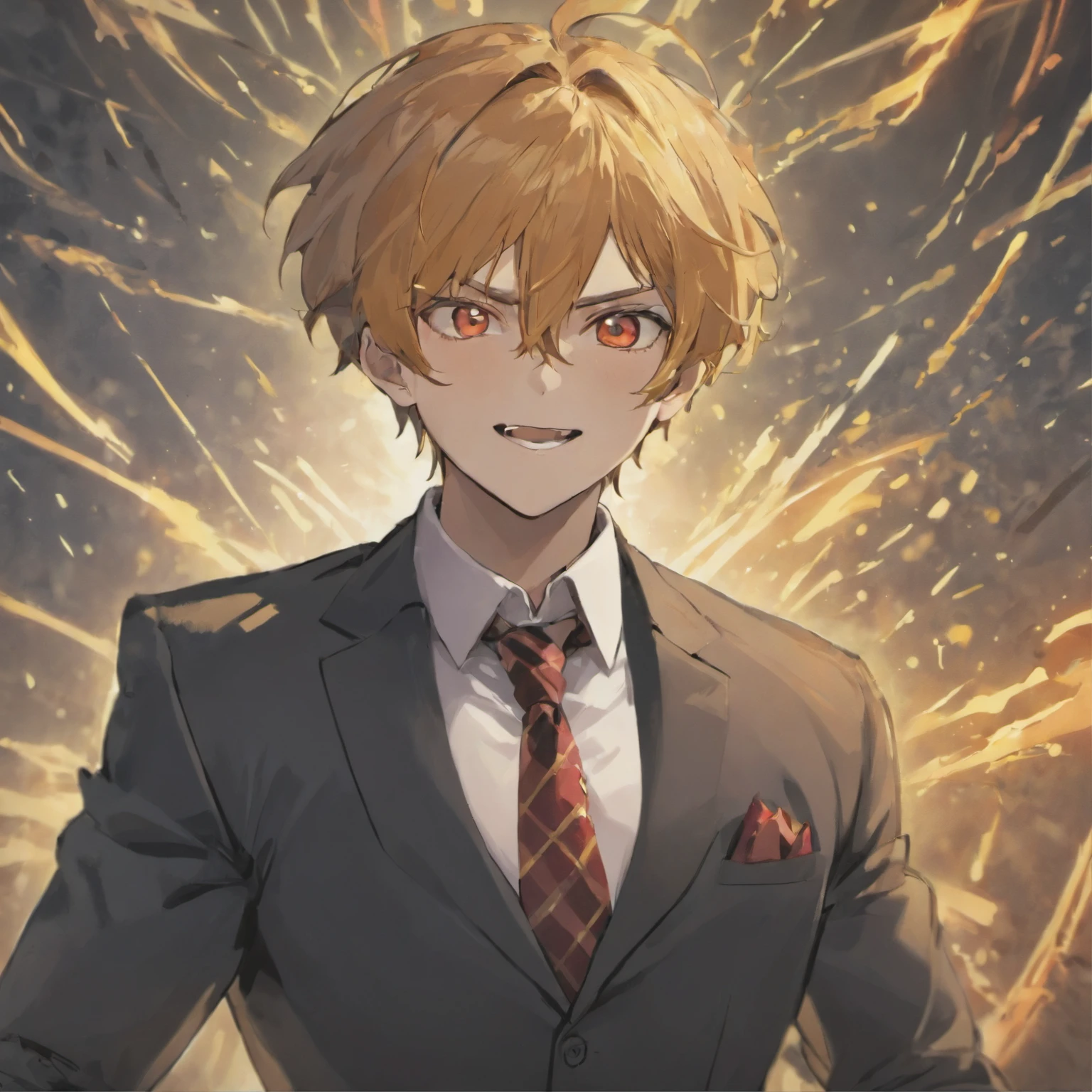 Disturbed demonic male in business suit, crazy look in his eye, large grin on his face