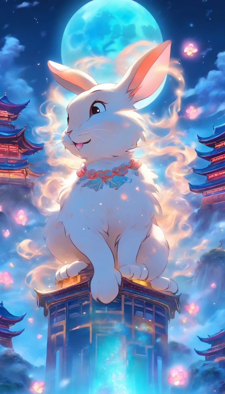 （full bodyesbian：1.25），Faraway view，（faded：1.3），extremely colorful，（tmasterpiece：1,2），best qualityer，extremely detailed CG  8k wallpaper，best qualityer，A high resolution，Original，extremelydetailedwallpaper，（solo person：1.25），Detailed and beautiful face，Chinese Mid-Autumn Festival，Chang'e sits on the Guanghan Palace on the moon，Snow-covered Chinese palace，There is a rabbit at Chang'e's feet，Blue globe as background，