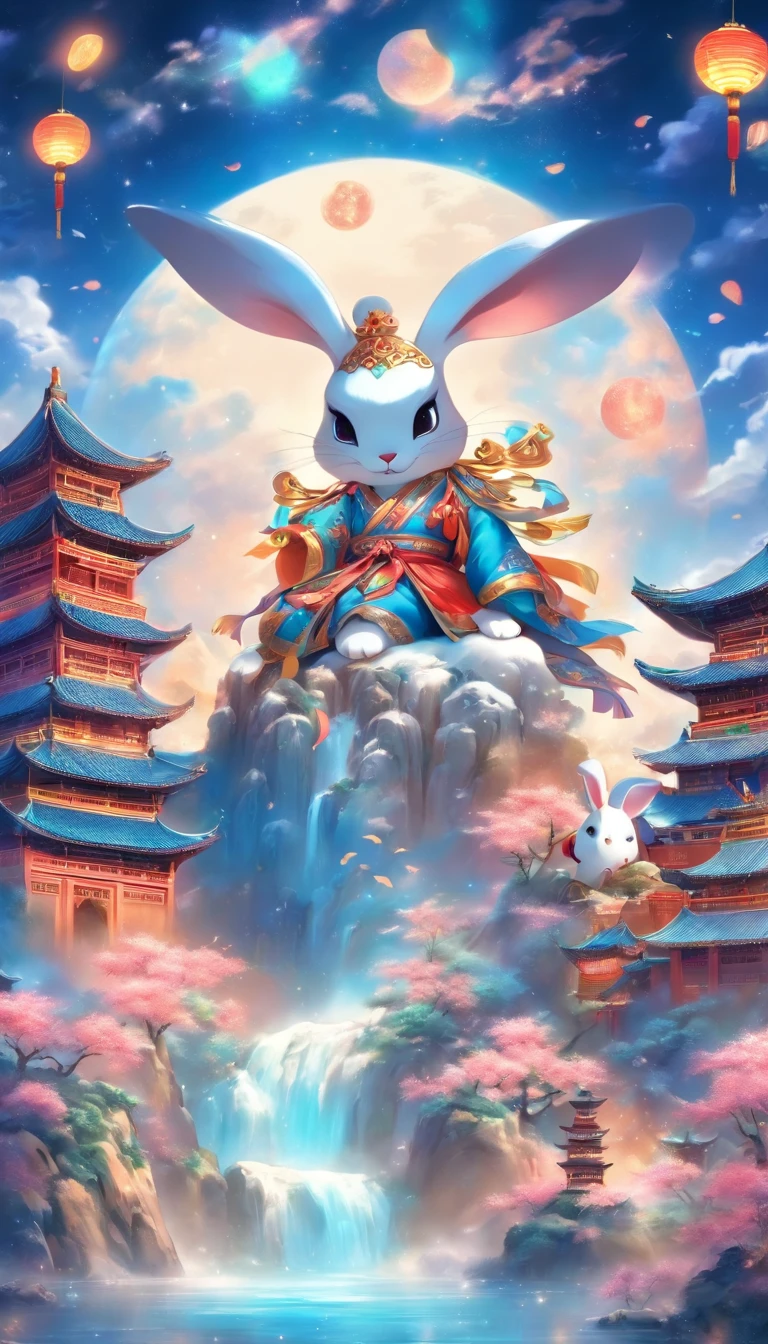 （full bodyesbian：1.25），Faraway view，（faded：1.3），extremely colorful，（tmasterpiece：1,2），best qualityer，extremely detailed CG  8k wallpaper，best qualityer，A high resolution，Original，extremelydetailedwallpaper，（solo person：1.25），Detailed and beautiful face，Chinese Mid-Autumn Festival，Chang'e sits on the Guanghan Palace on the moon，Snow-covered Chinese palace，There is a rabbit at Chang'e's feet，Blue globe as background，