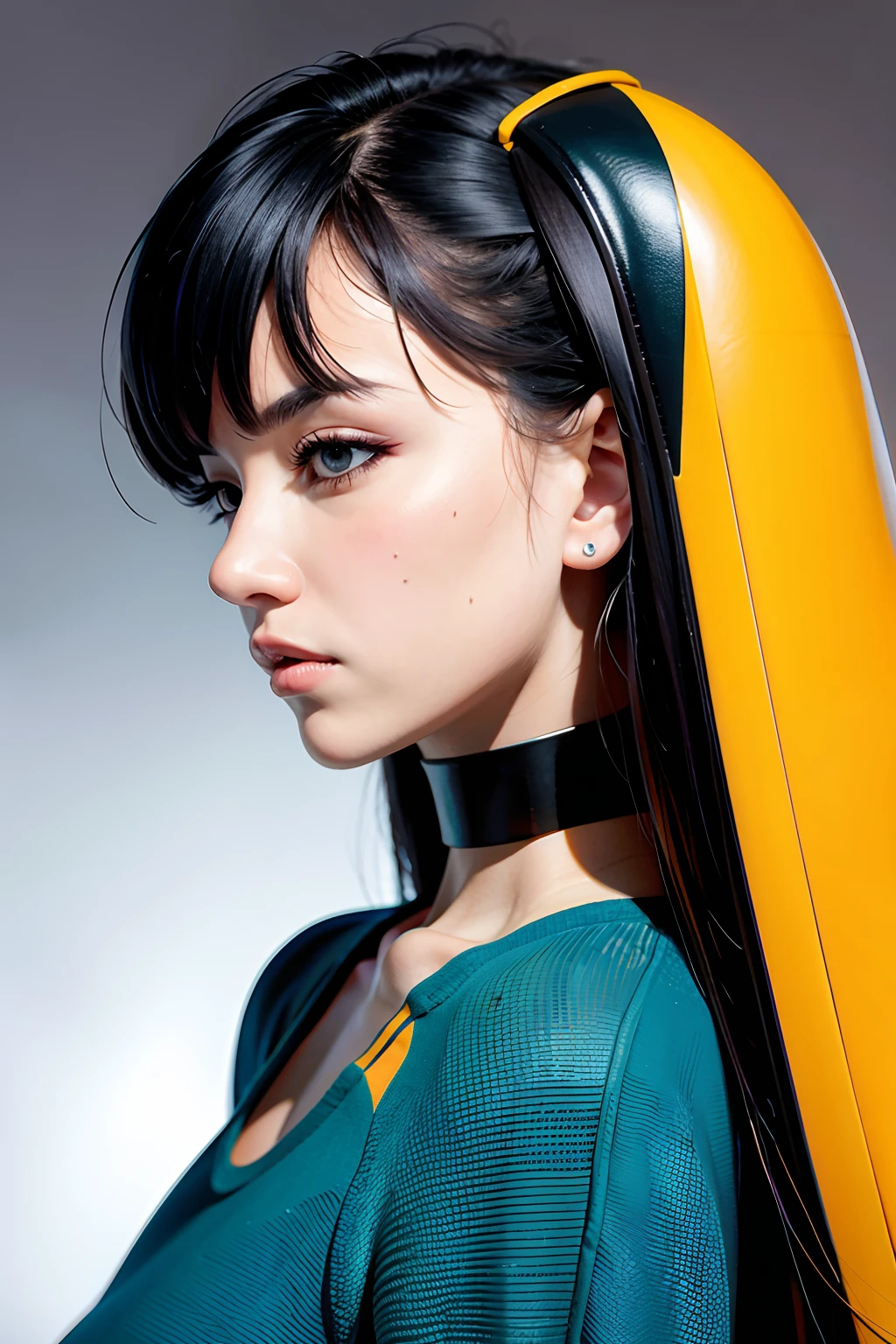 Side view,head shot, shoot from the side,Pensive expression with a sideways look、retro color,Sharp eyes,