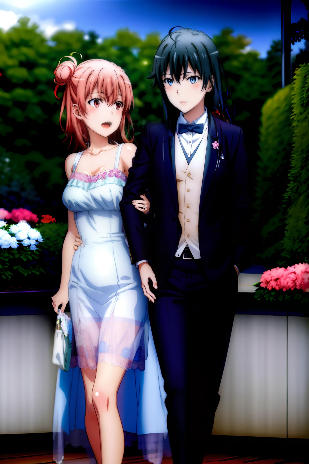 Best Quality,A highly detailed,portrait,anime,soft colors,Garden landscape,flowers ,Formal evening for the curve of the body of Yukino,Girl dress for Yui,young girl, Dancing together,2 girls, Yukino and Yui