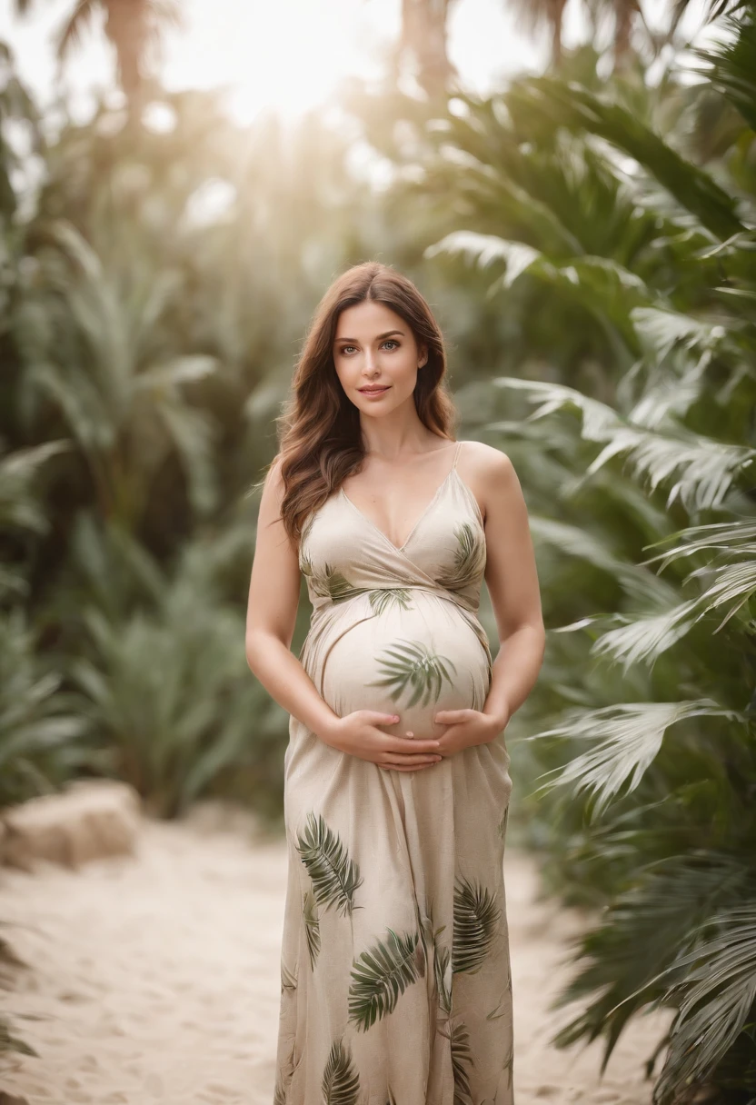 pregnant woman in beige dress printed with palm leaves, white studio background, bokeh style, in the style of ultrafine detail, high quality photo, close up, 135 mm f/8