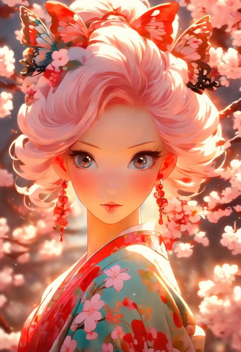 The most beautiful and sexy cherry blossom goddess, long beautiful pink hair, glowing white eyes, wearing the most beautiful and highly detailed kimono, butterfly wings, tons of tattoos and piercings, cherry blossoms and butterflies blowing in the wind, perfect masterpiece, high quality, high resolution