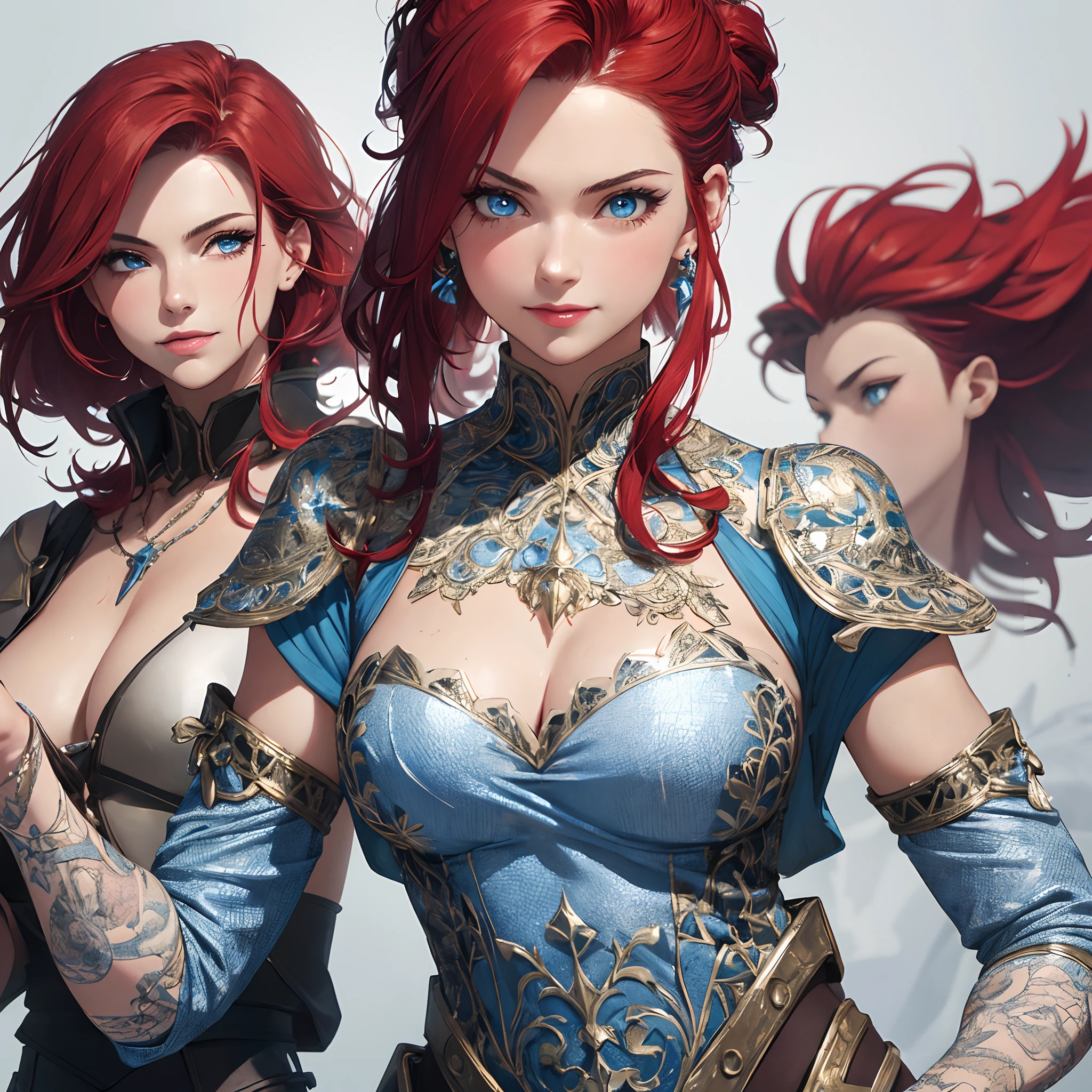 ((1girl)), full body, 80s_teela, a woman wearing armor, modelshoot style,(extremely detailed 8k wallpaper), masterpiece, best quality, ((intricate detail)), absurdres, (((red hair))), ((blue eyes)), ((perfect face)), muscular thighs, muscular arms, suggestive smile, skin texture, (tone mapped), ((outline)), dynamic angle, dynamic pose, Castle Grayskull in the background setting,