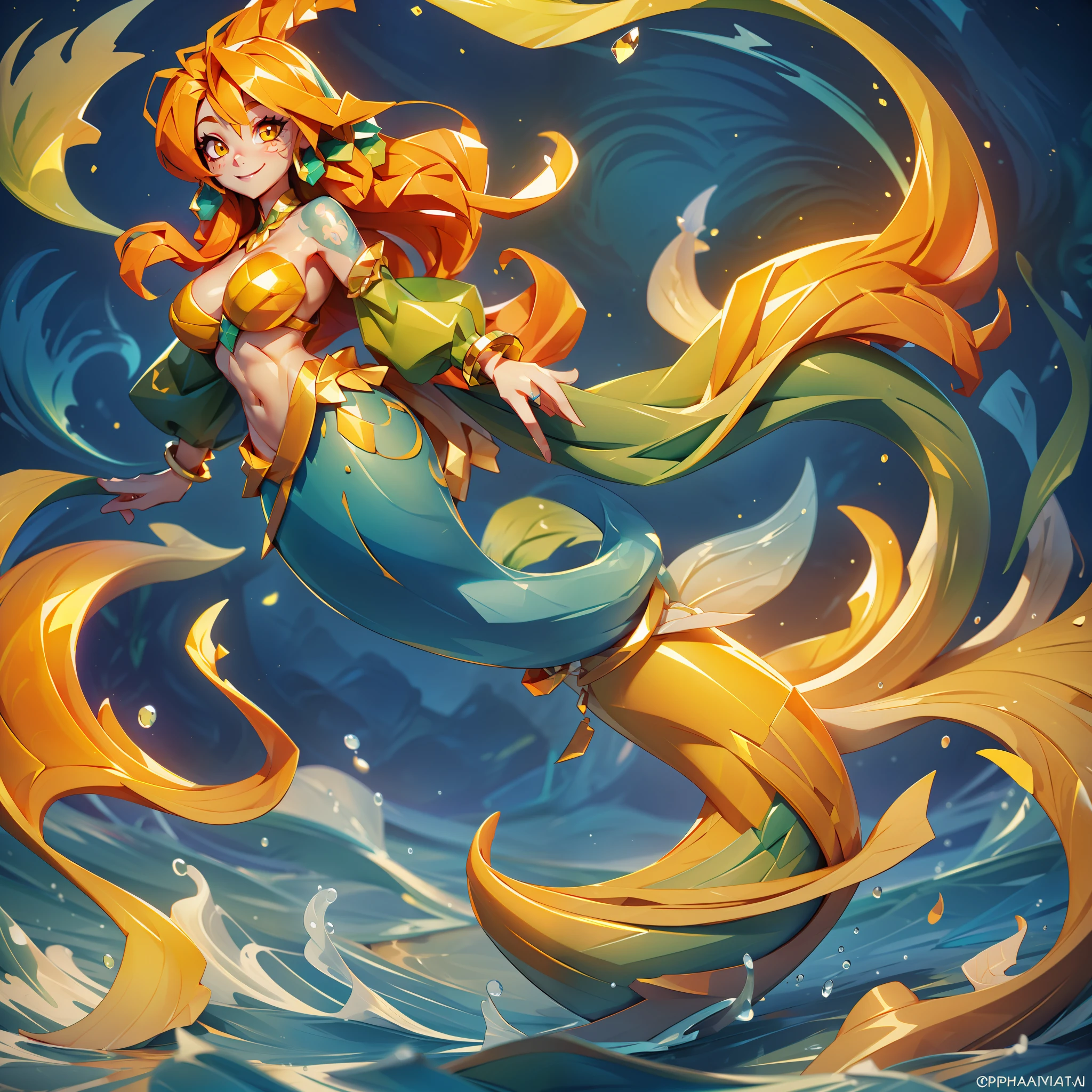 Mermaid, green mertail with yellow fire tattoos, orange top, golden flowing hair with orange highlights, a happy life, masterpiece, best quality