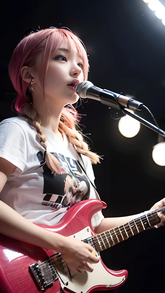 An 18-year-old woman,(hi-top fade:1.3), 18year old, teens girl,no tail,(no tail),2D, masterpiece, top-quality, animesque, A detailed eye, A detailed face, girl with, Only 1 person,Pink Hair Medium Hair, (Pink hair), Ear Hair, small tits, Single braid, (Single braid), (Side braid), (Playing the Red Electric Guitar, 6 strings,Straight neck), Dark theme, Muted colors, High contrast, (Tuttos skin texture, Hyper-Realism, Soft light, sharp), Psychedelic T-shirt,live house、Vocal Microphone