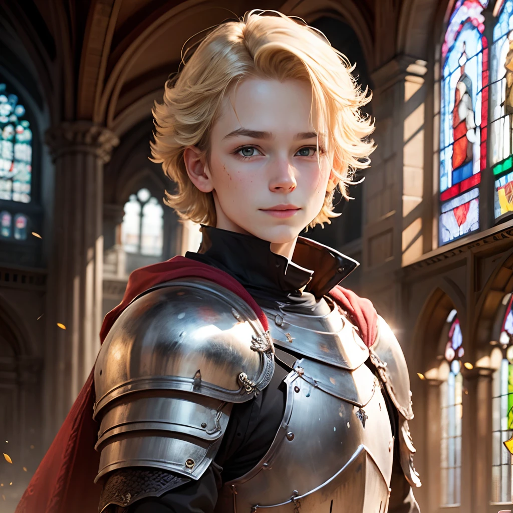 a blond ??? wearing knight armor, happy face expression, realistic stained glass art --auto --s2