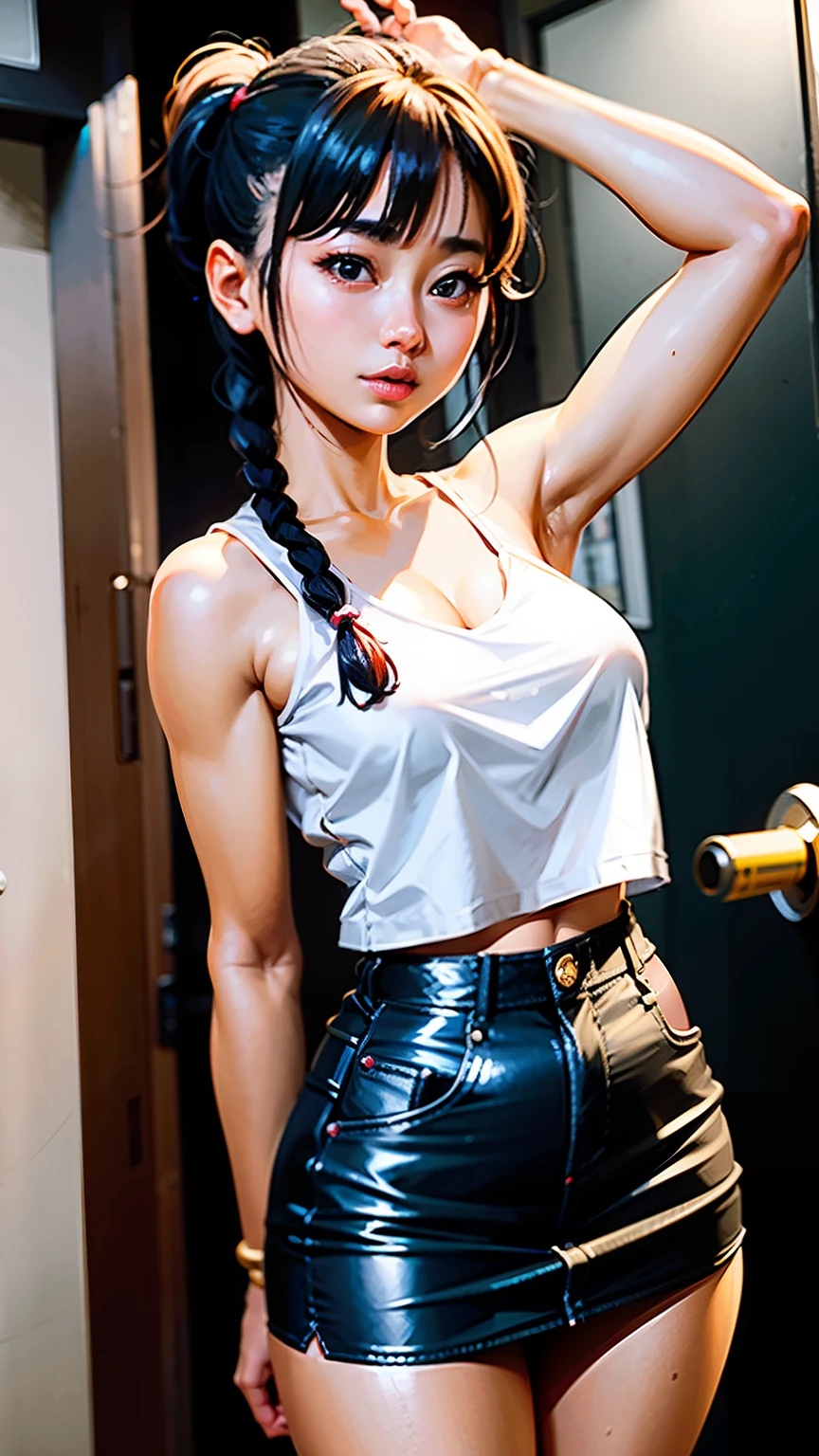 Arafe woman in white shirt and super mini skirt Japan, 8K selfie photo, girl cute-fine-face, tri braids、Gorgeous young Korean woman,White pantyd67 poneyTail、toppless、Sexy ass、Beautiful、no glasses、Beautiful lower body、Miharu-chan, cute - fine - face, Beautuful Women, 奈良美智, Hot with shining sun, beautiful young woman with,