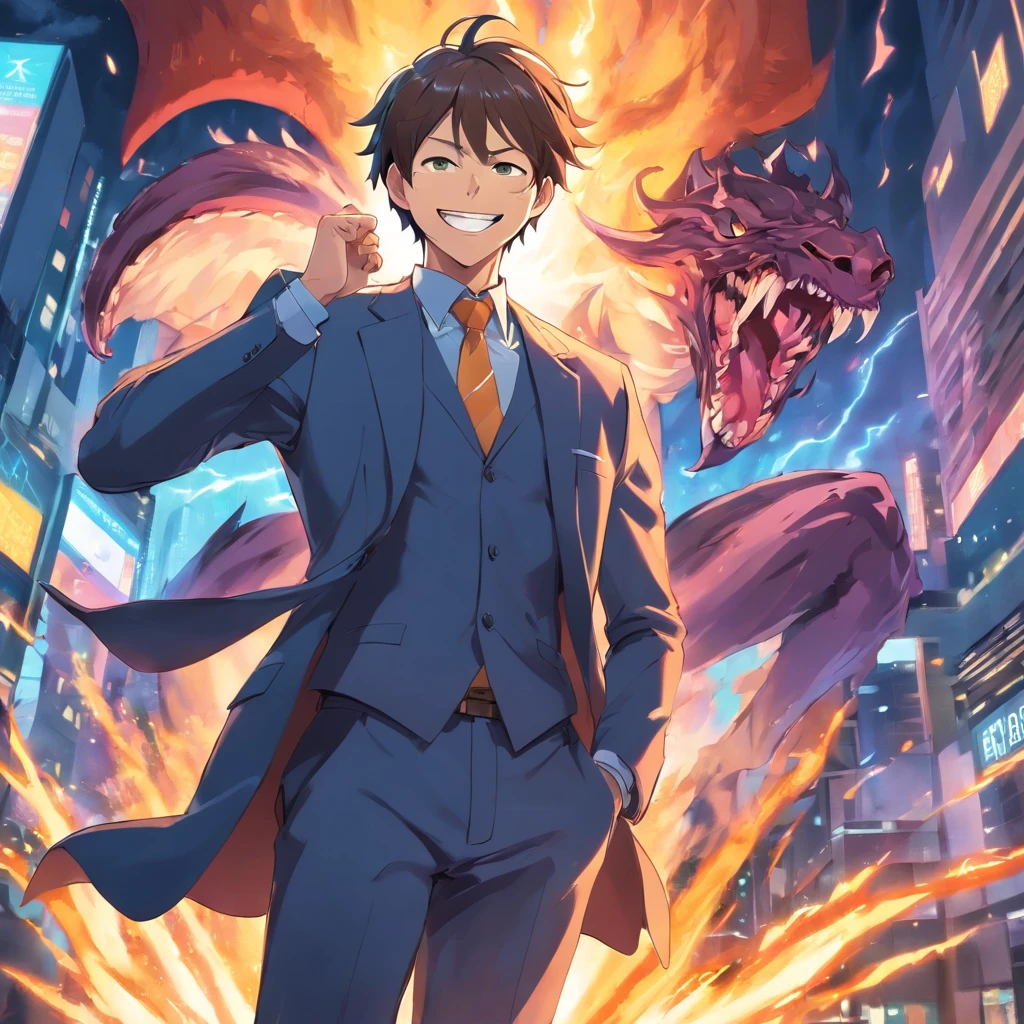 Disturbed demonic male in business suit, crazy look in his eye, large grin on his face, insane