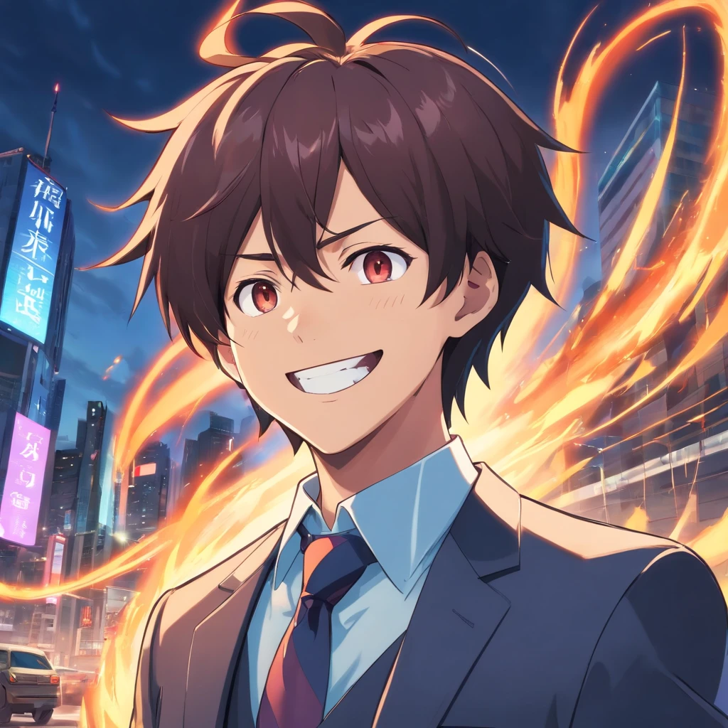 Disturbed demonic male in business suit, crazy look in his eye, large grin on his face, insane