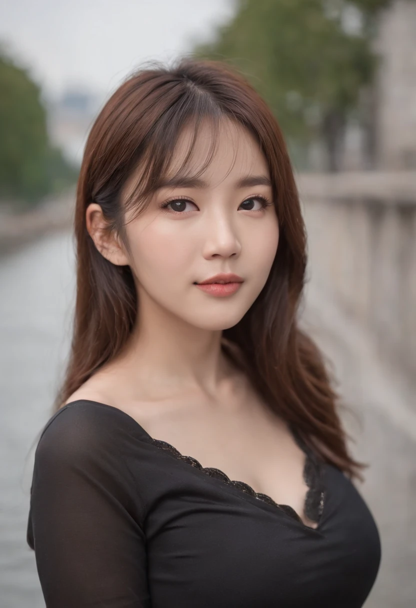 (Beautiful face),A 25-year-old Japanese woman,Short,Qi bangs,White thin strap top,Bigboobs,乳溝,On the street next to the Han River in Seoul,black short skirt,Black tights,ssmile,(Best quality), (Masterpiece),(photo-realistic hair),(Soft focus background), (A high resolution),(RAW photo), Original, Extremely detailed 8k wallpaper, (An extremely delicate)