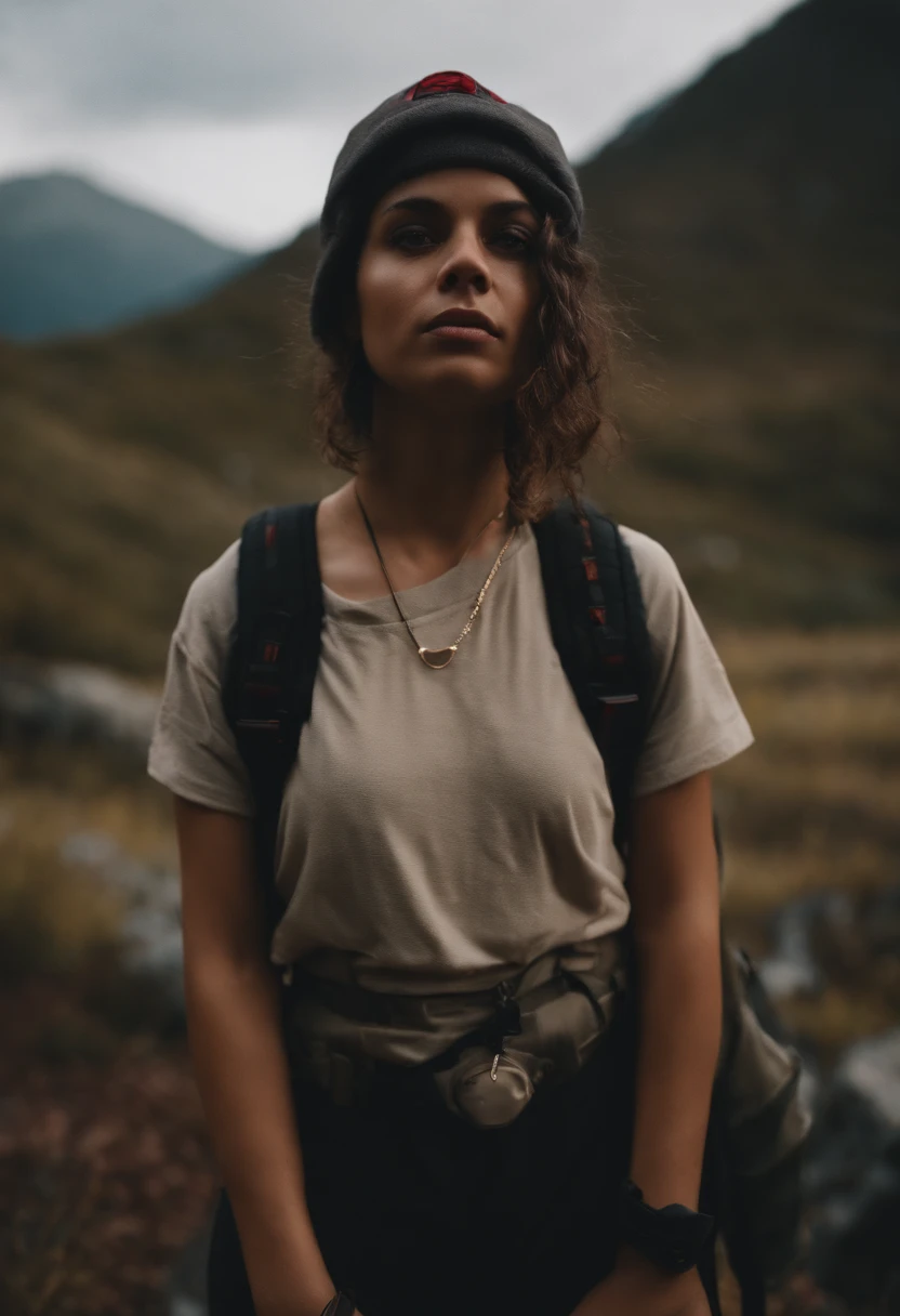 Hiker, in the style of rap aesthetics, schizocore, girl, photo taken with fujifilm superia, charly amani, oversized portraits, babycore, upper body