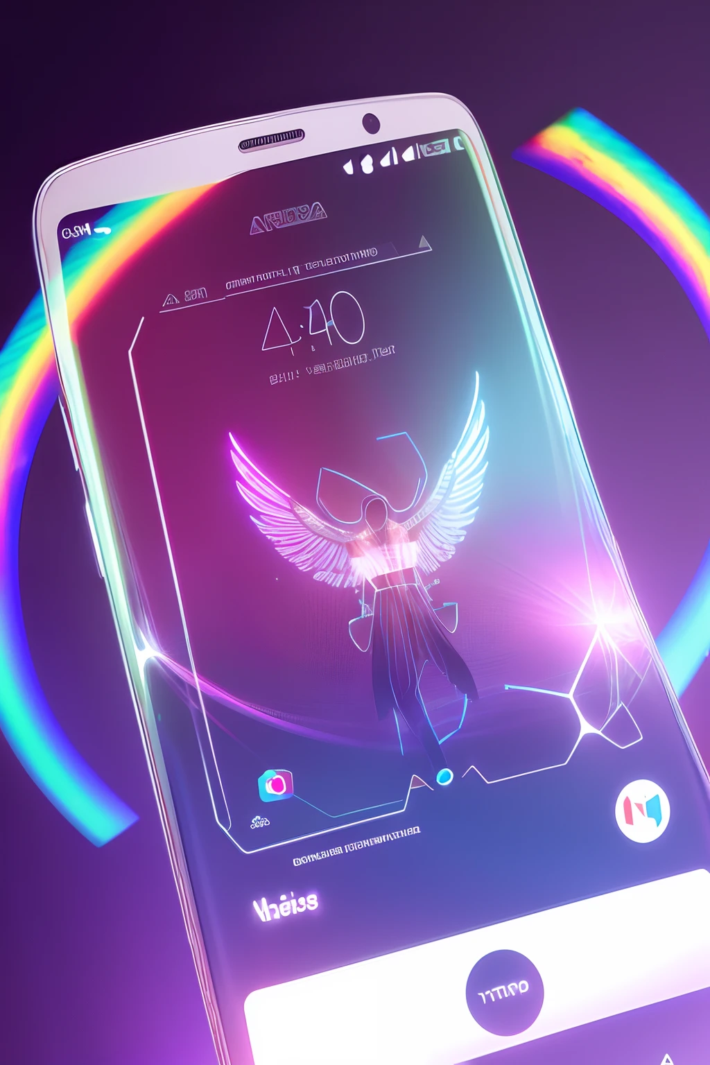 floating smartphone, Transparent screens, holographic monitors, miniature devices, crystal rainbows, There is an artificial intelligence character on the screen. Intelligence device.