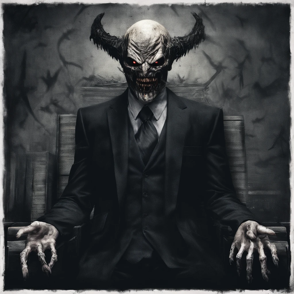 Disturbed demonic male in business suit, crazy look in his eye, large grin on his face, insane