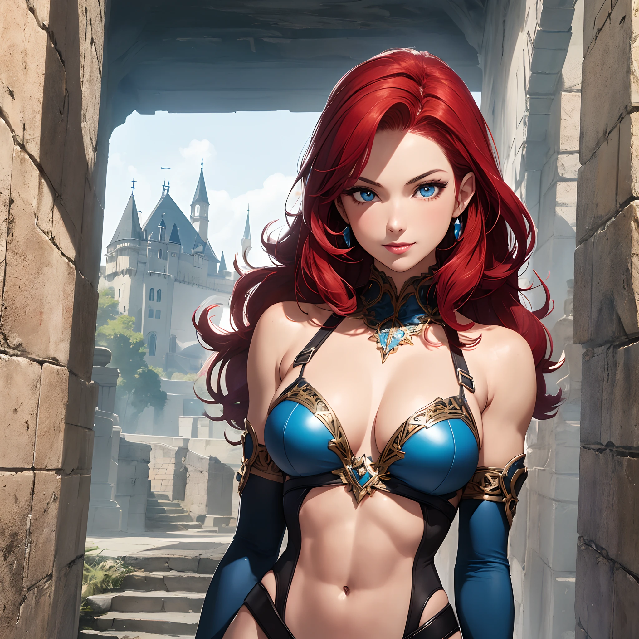 ((1girl)), full body, 80s_teela, a woman wearing armor, modelshoot style,(extremely detailed 8k wallpaper), masterpiece, best quality, ((intricate detail)), absurdres, (((red hair))), ((blue eyes)), ((perfect face)), muscular thighs, muscular arms, suggestive smile, skin texture, (tone mapped), ((outline)), dynamic angle, dynamic pose, Castle Grayskull in the background setting,