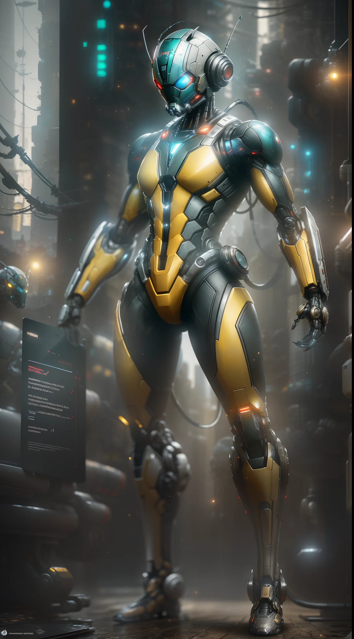 Ant-Man from Marvel photography, biomechanical, complex robot, full growth, hyper-realistic, insane small details, extremely clean lines, cyberpunk aesthetic, a masterpiece presented at Zbrush Central