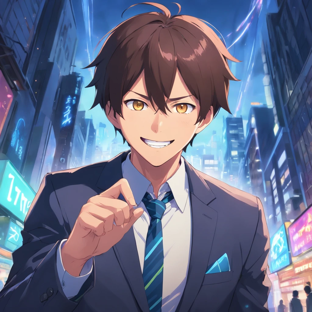 Disturbed demonic male in business suit, crazy look in his eye, large grin on his face, insane
