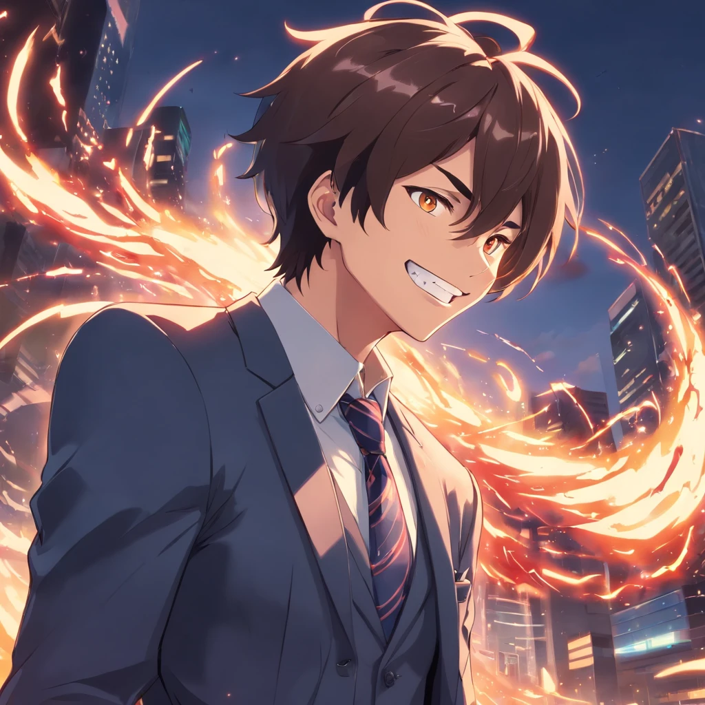 Disturbed demonic male in business suit, crazy look in his eye, large grin on his face, insane