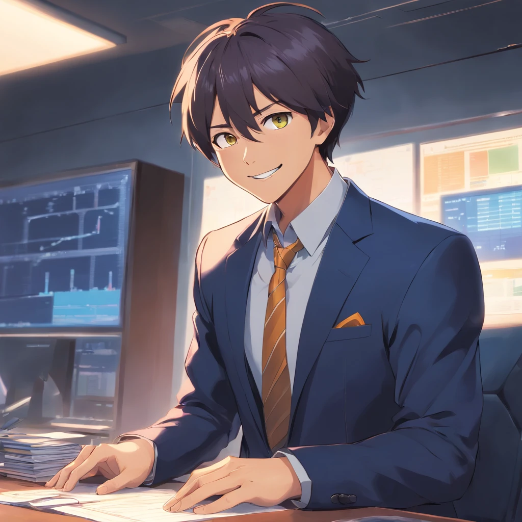 Disturbed demonic male in business suit, crazy look in his eye, large grin on his face, insane