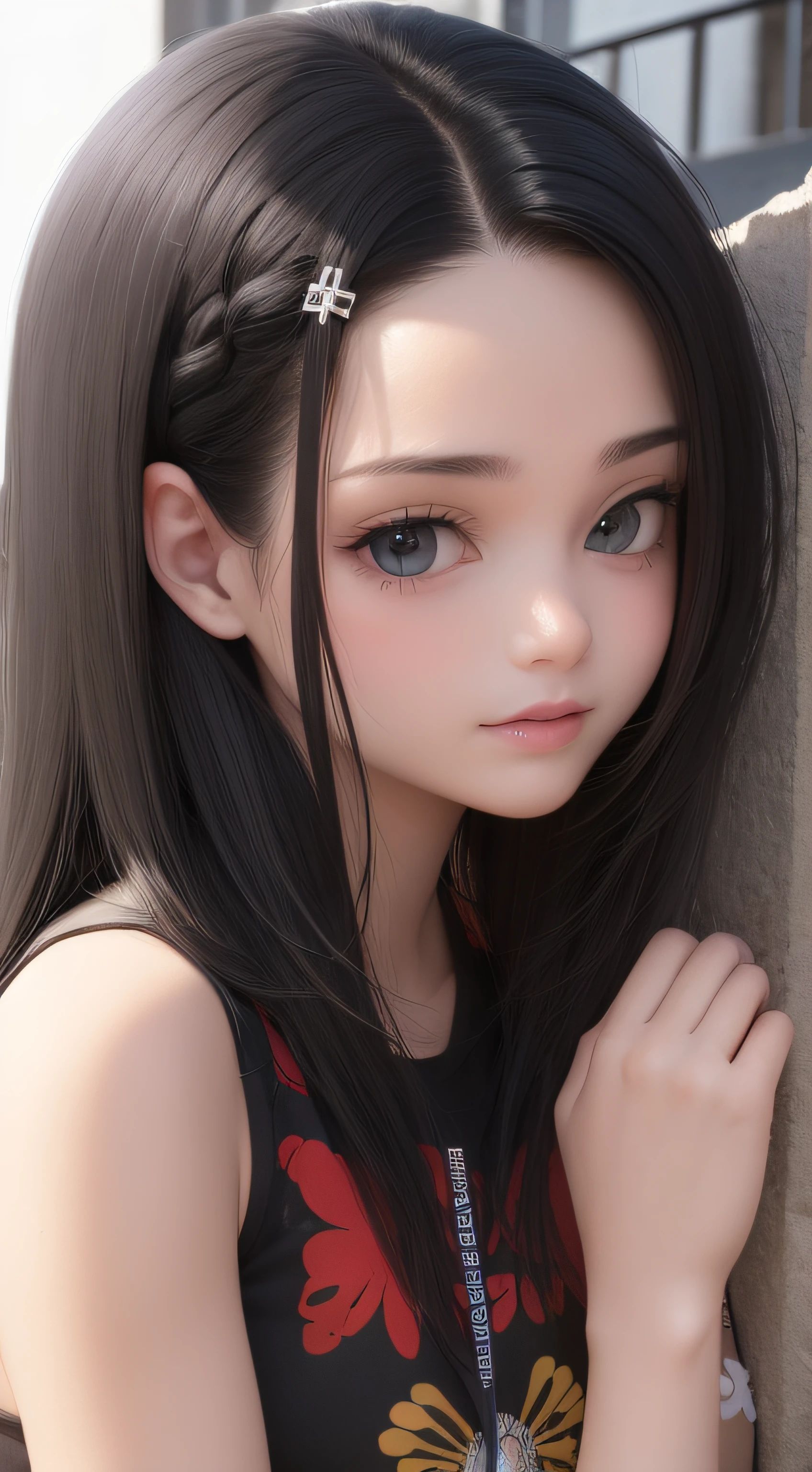 A close up of a girl with long black hair and a flowered shirt - SeaArt AI