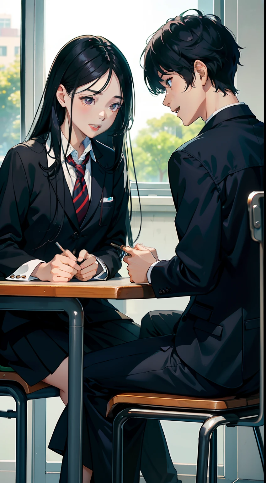Both men and women sit in chairs，The boy is sunny and handsome，The girl's long black hair is attractive，The clothes are the style of the school uniform。Boys and girls talk and laugh together，A youthful smile，The sun is good，The sky is blue，On campus