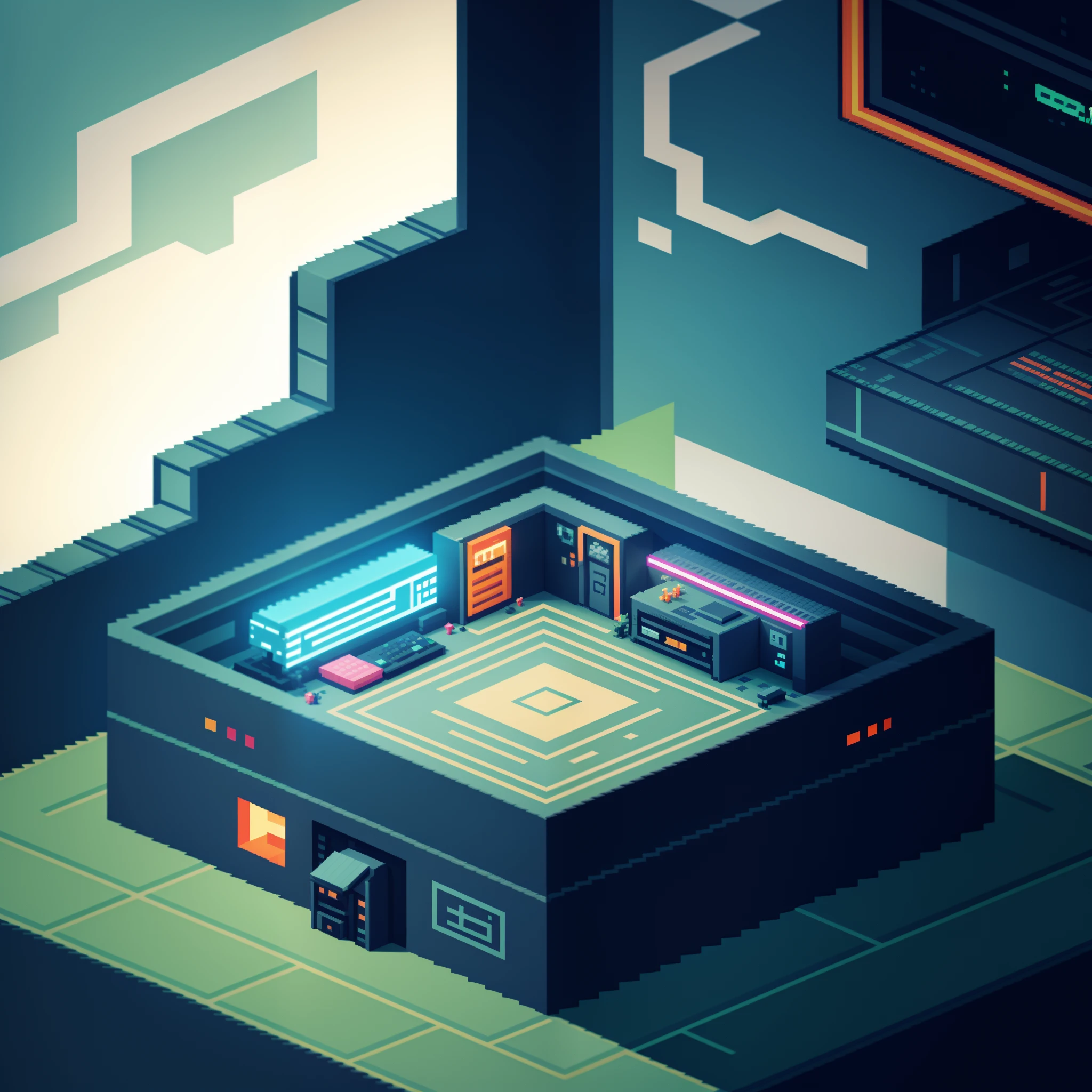 8bit game.  Isometric pixel art, pixels，color blocking，Color Checker，pixelated，Pixel Design，Cyberpunk Personality，Light sense，Clear Pixel Grid，2000*2000 size