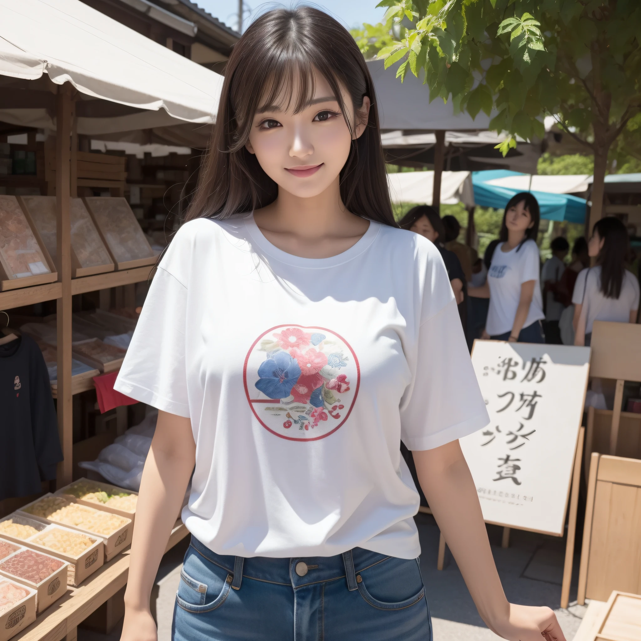 One lady、((best qualtiy、8k masterpieces:1.3))、foco nítido:1.2、(ultra beautiful faces:1.0)、(shinny skin:1.0)、photos realistic、A dark-haired、Video Lighting、High-definition eyes and face、Video Lighting、Japan actress with Korean-style makeup、from the front side、medium breasts、Smile、Slender Abs Beauty、Whole body、Wearing a T-shirt with the Japanese logo、At the market in the early morning、