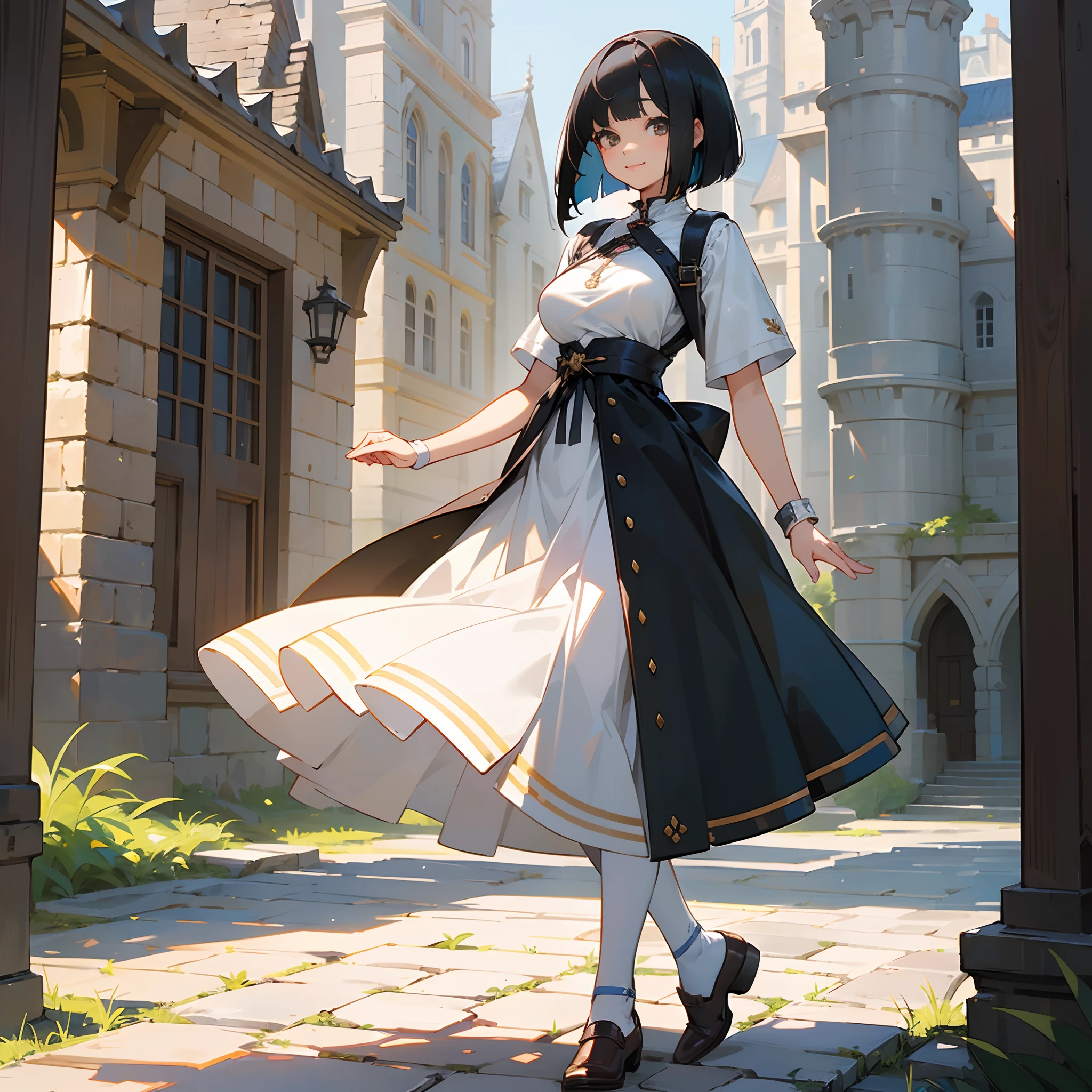 With the best image quality、 girl standing alone outdoors。In high resolution、Beautiful fine details、tranquil atmosphere。((Black Hair Bob Hair))、Cute smile。(((breasts are large)))、I don't have anything in my hands、realistic hand、Medieval European national costume with short sleeves、Medieval European Streets、Leather shoes。