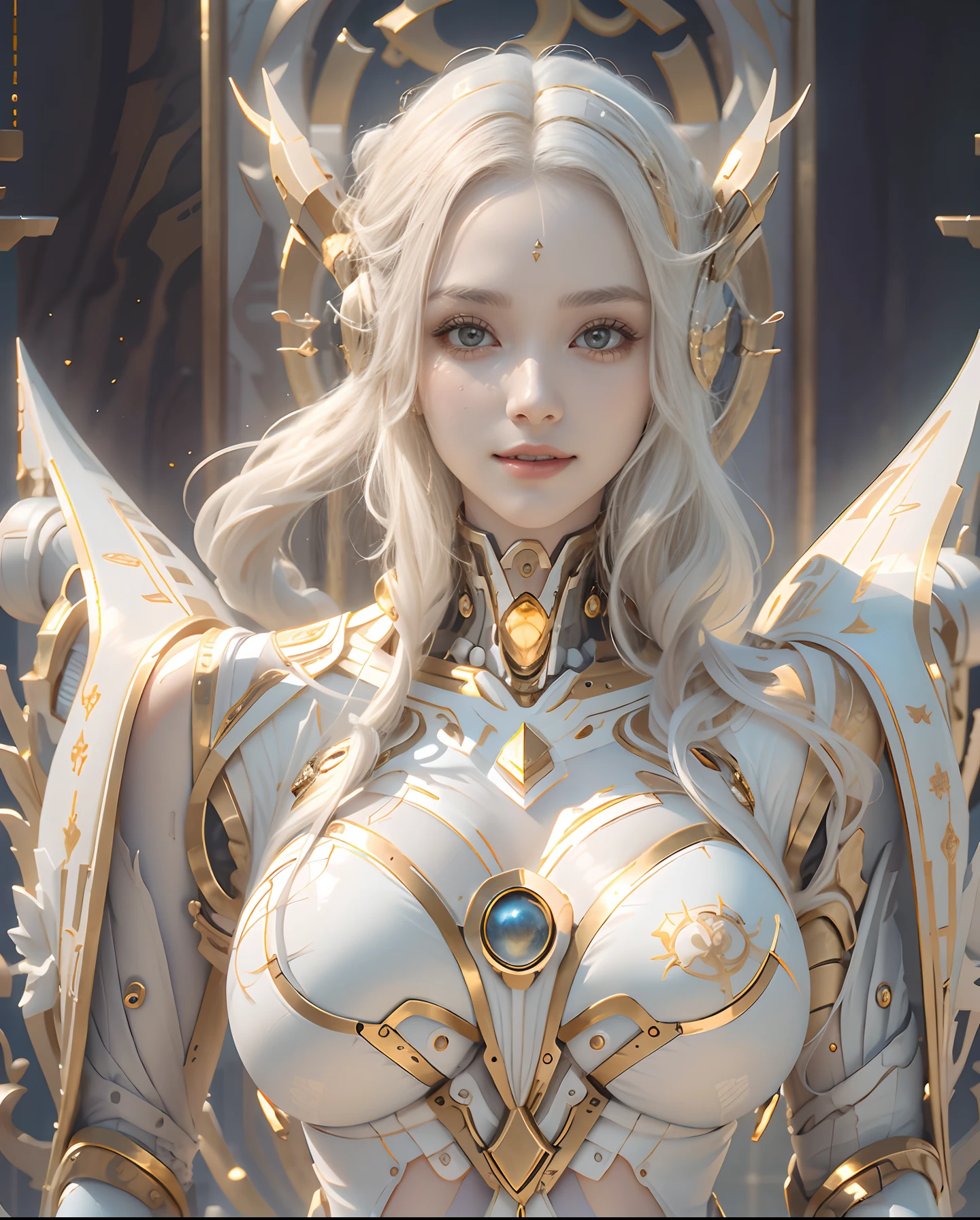 ((best quality)), ((masterpiece)), (detailed), close-up person, (fantasy art:1.3), organic female cyborg, white plastic, fuzzy lighting, fantasy, intricate, elegant, highly detailed, realistic, photorealistic, highly detailed face, (April render:1.1), beautiful art illustration, (portrait composition:1.3), (8k:1.2 resolution) semi nude sculptural body with large breasts