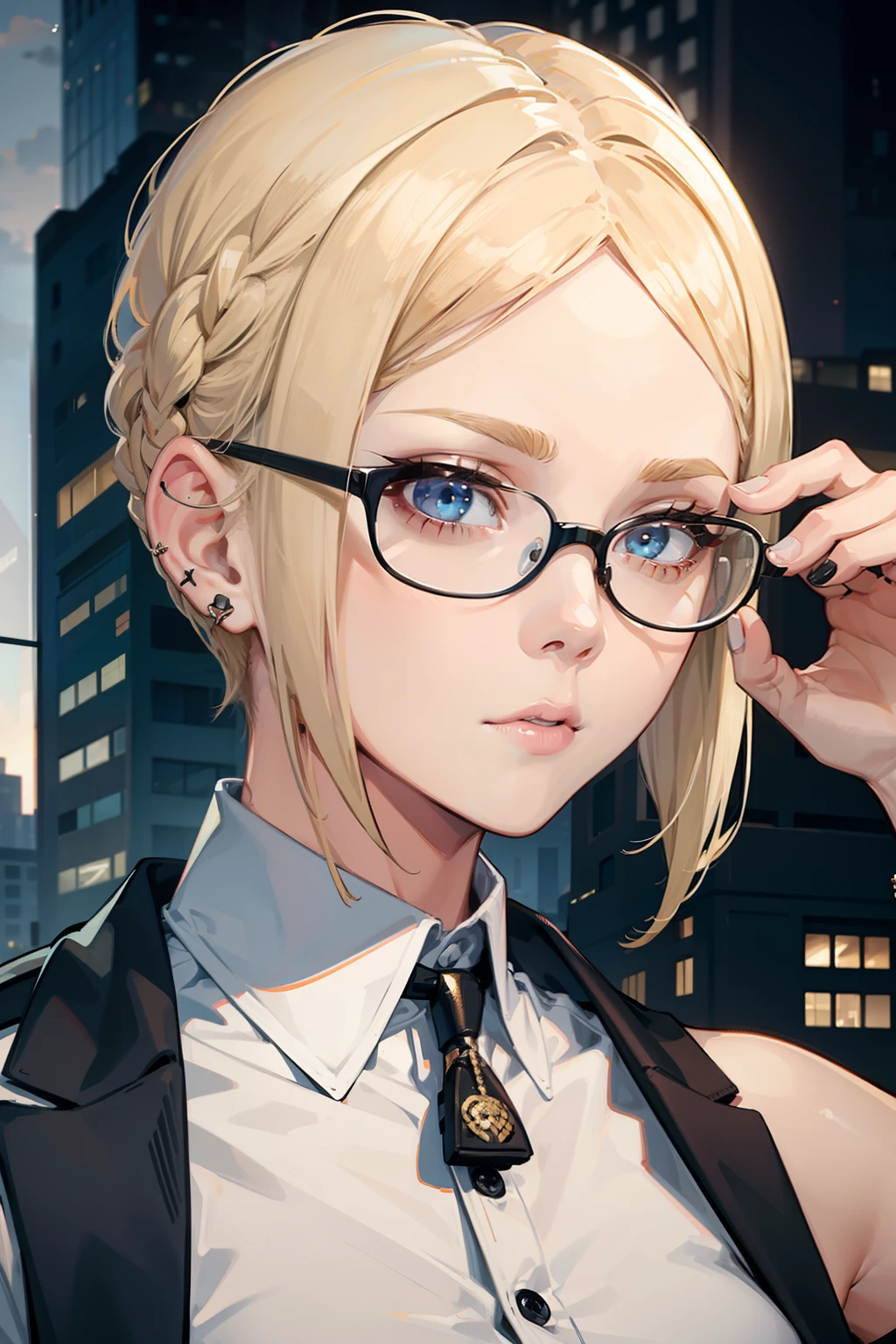 Girl, Riley Nixon haircut, shaved hair, Blonde hairstyle, Very short hair, Bald,, White vest shirt, Red Moon tattoo, Tattoo on the right arm, Wearing glasses, Blonde hairstyle, Riley Nixon haircut, Lipstick Black, Piercings in the face, On a skyscraper, looking at viewert, Storm City, 4K