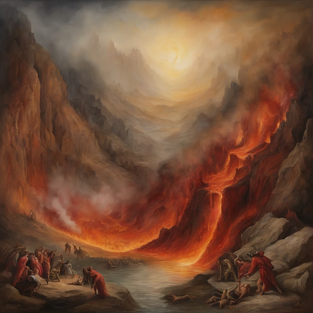 Realistic 8K oil painting of people suffering in hell pits Artwork inspired by Dante's Inferno