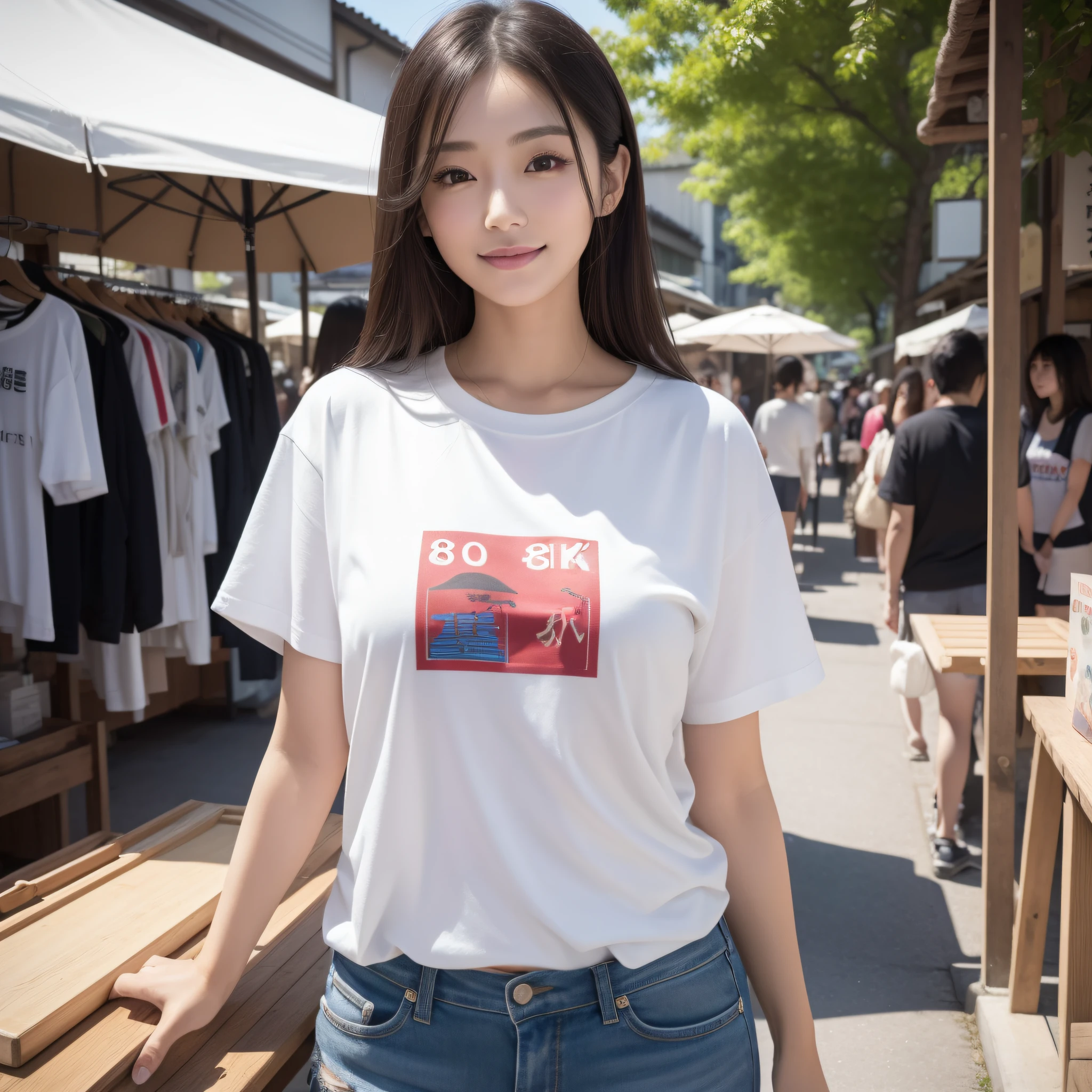 One lady、((best qualtiy、8k masterpieces:1.3))、foco nítido:1.2、(ultra beautiful faces:1.0)、(shinny skin:1.0)、photos realistic、A dark-haired、Video Lighting、High-definition eyes and face、Video Lighting、Japan actress with Korean-style makeup、from the front side、medium breasts、Smile、Slender Abs Beauty、Whole body、Wearing a T-shirt with the Japanese logo、At the market in the early morning、
