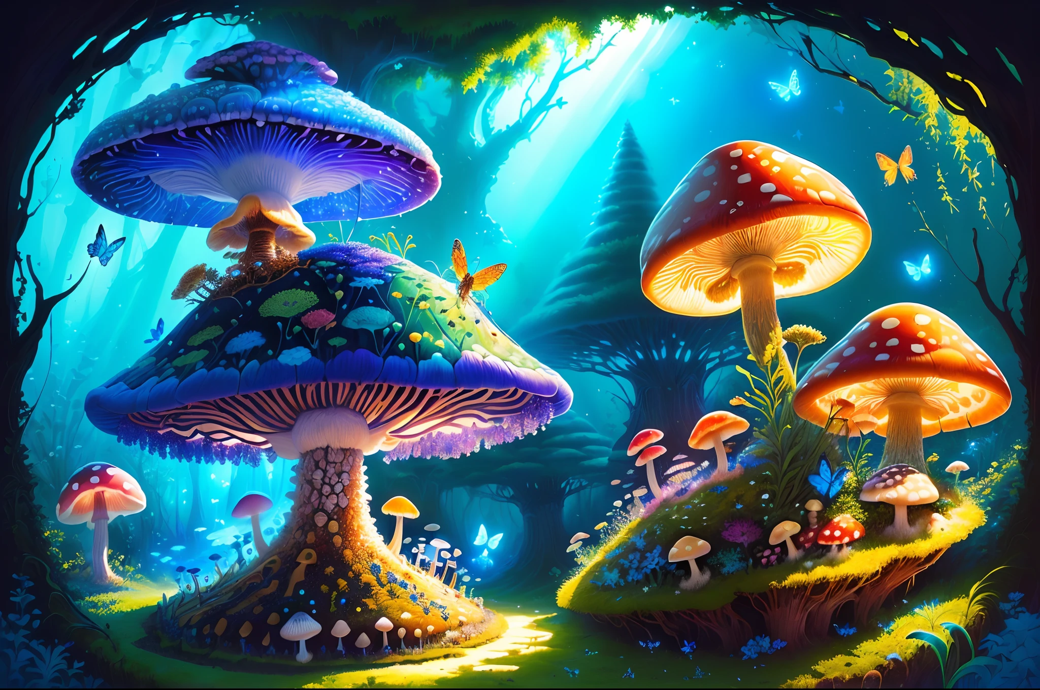 (a majestic anthill with a bright mushroom and shimmering dragonfly sitting on top, fantasy, art, vibrant blue light, butterflies)