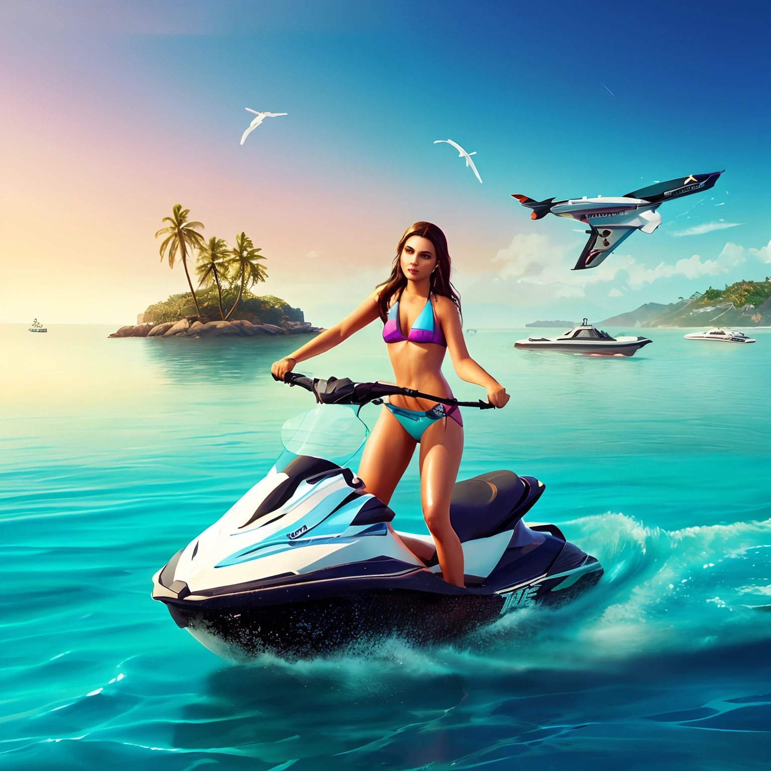 Woman in bikini riding jet ski in the ocean, simulador de corrida de barco superior, Cavalgue o vento e as ondas, aventura render hiper realista, photo manipulation, stylized digital illustration, paper awesome wallpaper, airbrush digital art, airbrush digital oil painting, gta vice arte estilo cidade, gta v arte da tela de carregamento, arte de fundo, Amazing photorealistic graphics