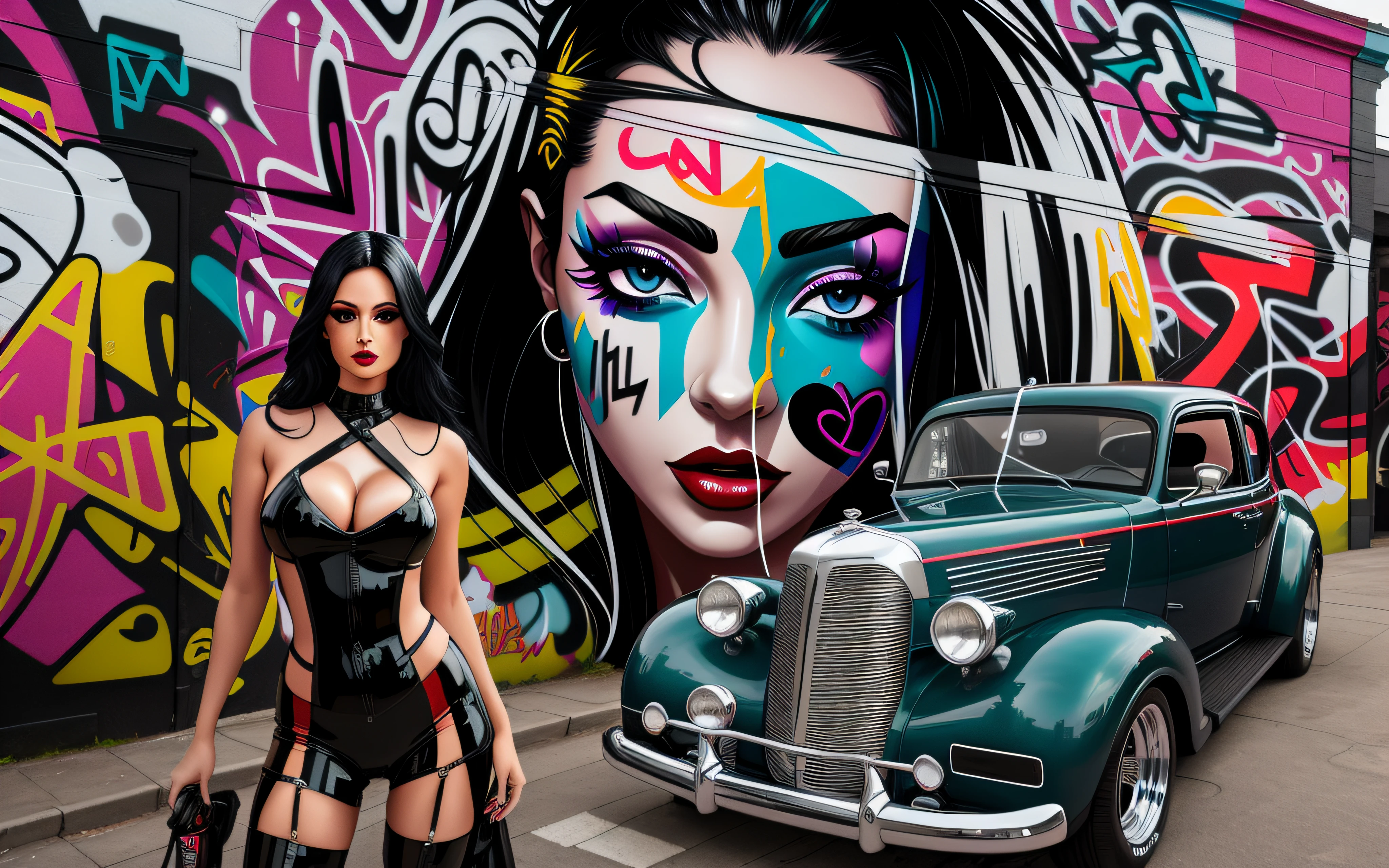 graffiti on the wall of a building with a woman in a latex outfit and a car, street art 8 k, urban art style, in style of digital illustration, in style of digital painting, modern street art, street art style, style digital painting, airbrush digital art, realistic digital art 4k, realistic digital art 4 k, beautiful art uhd 4 k