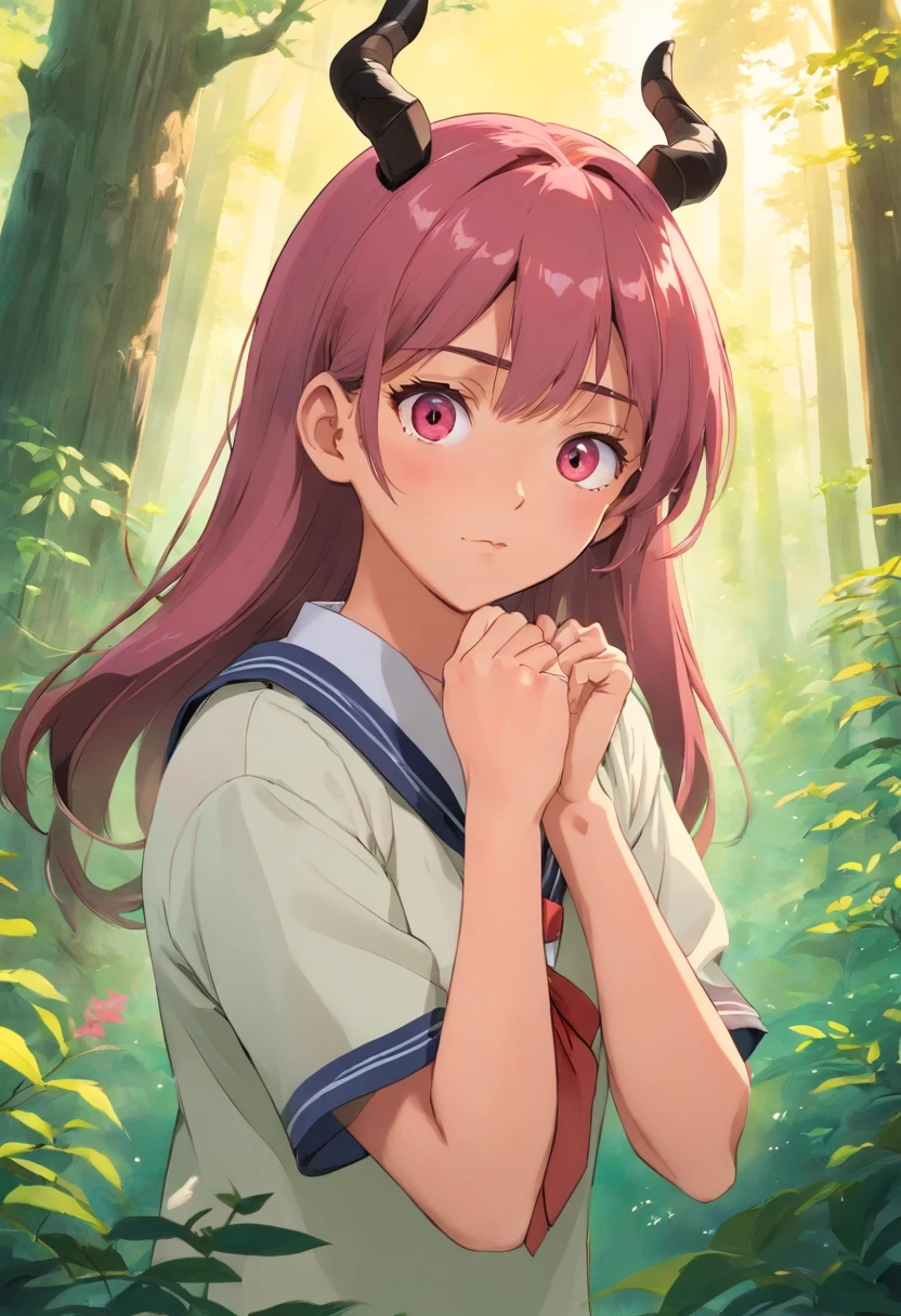 (Una chica) una adolescente, Dressed in a Japanese school uniform. Su cabello y ojos son de un hermoso tono rosa, lo que agrega un toque distintivo a su apariencia. diclonius inspirado en el Elfen Lied. The environment is located in a lush forest, full of trees and serene meadows. The girl's face shows a mocking expression. He had protruding horns on the top of his head and was in crossed arms.