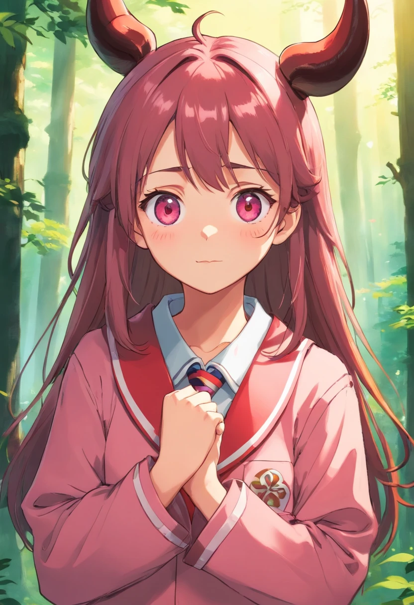 (Una chica) una adolescente, Dressed in a Japanese school uniform. Su cabello y ojos son de un hermoso tono rosa, lo que agrega un toque distintivo a su apariencia. diclonius inspirado en el Elfen Lied. The environment is located in a lush forest, full of trees and serene meadows. The girl's face shows a mocking expression. He had protruding horns on the top of his head and was in crossed arms.