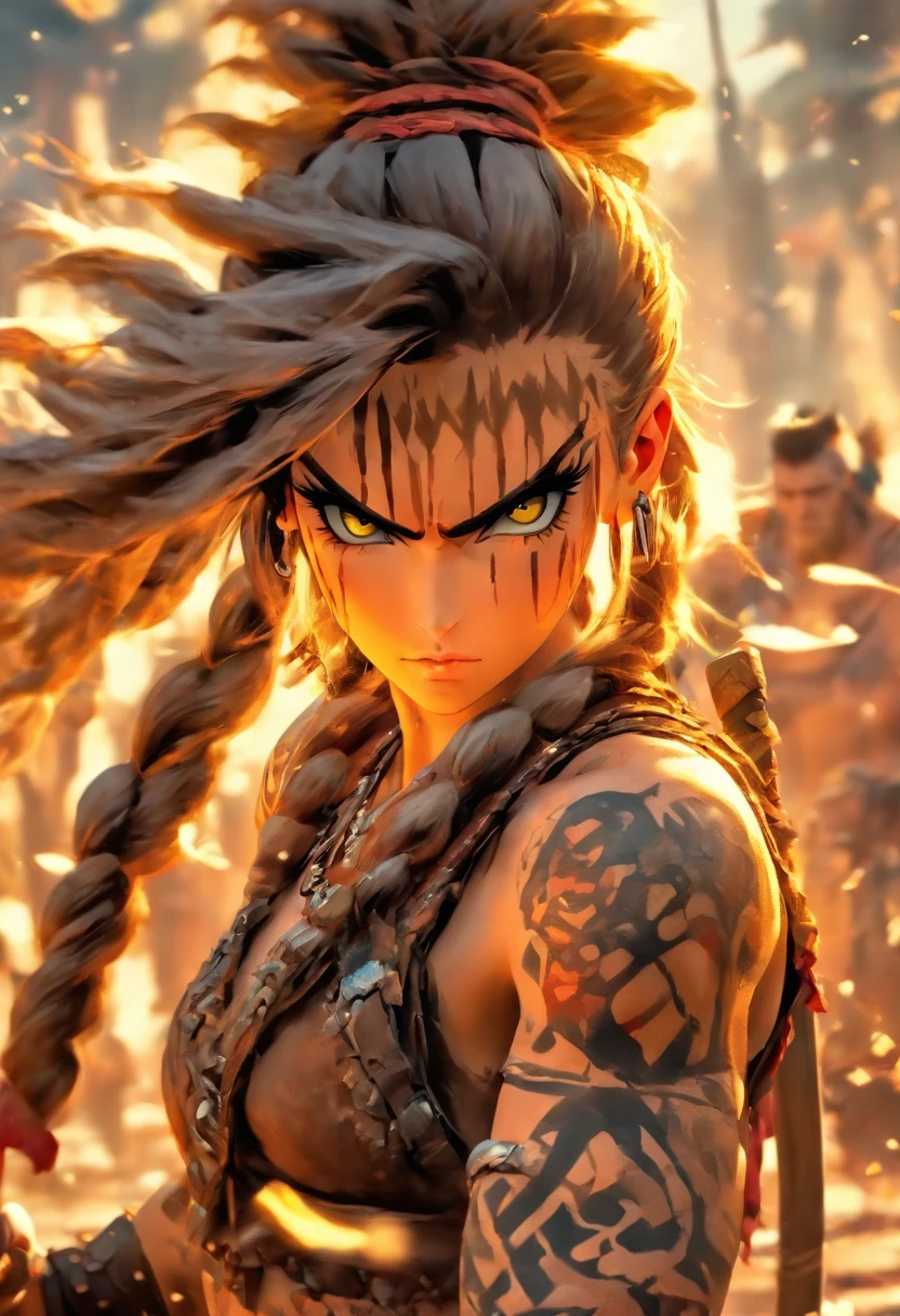 The most beautiful and sexy barbarian girl, long brown hair in a ponytail with animal bone, yellow eyes, wearing highly detailed prehistoric barbarian clothing, tons of tattoos and piercings, holding a huge serrated broadsword, blood splattered, debris and metal fragments blowing in the wind, highly detailed background, perfect masterpiece, high quality, high resolution