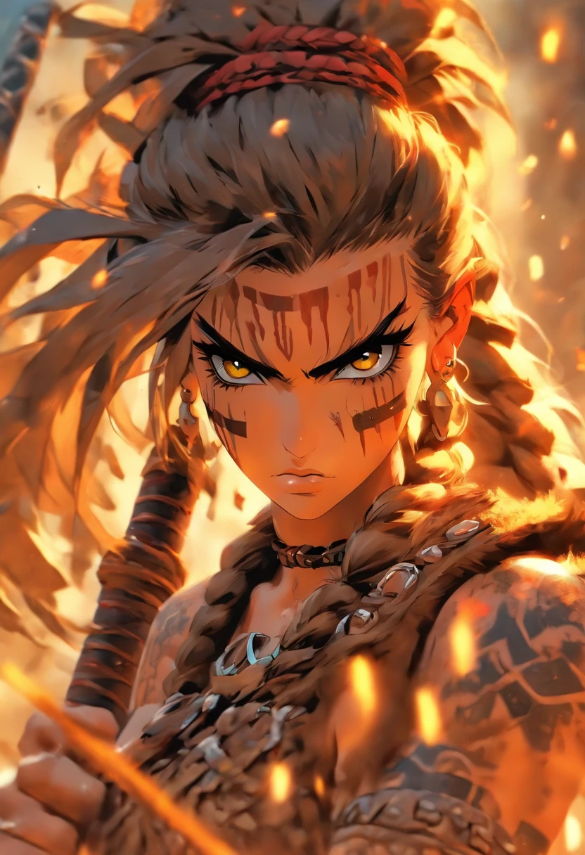 The most beautiful and sexy barbarian girl, long brown hair in a ponytail with animal bone, yellow eyes, wearing highly detailed prehistoric barbarian clothing, tons of tattoos and piercings, holding a huge serrated broadsword, blood splattered, debris and metal fragments blowing in the wind, highly detailed background, perfect masterpiece, high quality, high resolution