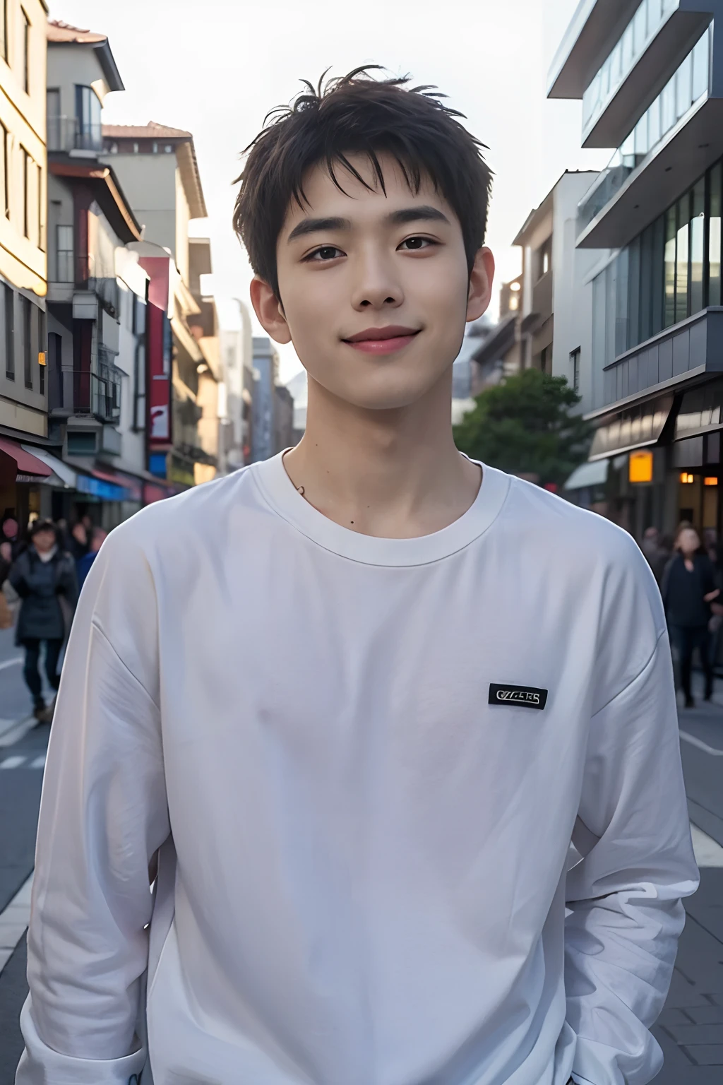 ((Top Quality、masterpiece、photographrealistic:1.4、in 8K))、Cool Japan Man1person、25 Years Old、Well-formed face、Handsome nose、detailed eyes and face、beautiful lighting、(Man walking on a city street)、textured skin、super detaill、hoog detail、High Quality、Hight Resolution、(looking looking at viewer)、detailed mouth、A Smile、s whole body:1.3