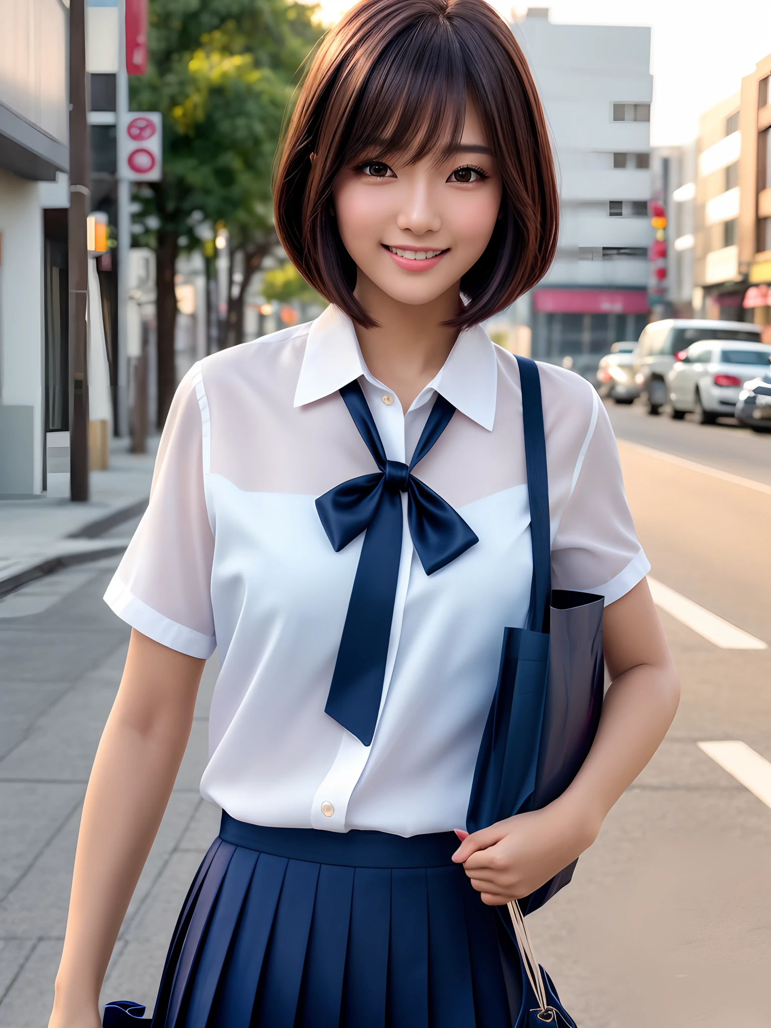 product quality, 1girl, upper body shot, front view, a Japanese young pretty woman, bob hair, walking with a big smile on a street in the sunset, glamorous figure, wearing a short sleeves white collared silky shirt with shiny satin dark blue plain bow tie, wearing a dark blue pleated long skirt, carrying one tote bag over her shoulder, hyper cute face, glossy lips, double eyelids in both eyes, natural makeup, long eyelashes, shiny smooth light brown bob hair, asymmetrical bangs, a tanned skin, central image, high resolution, high detail, detailed hairstyle, detailed face, spectacular cinematic lighting, octane rendering, vibrant, hyper realistic, perfect limbs, perfect anatomy