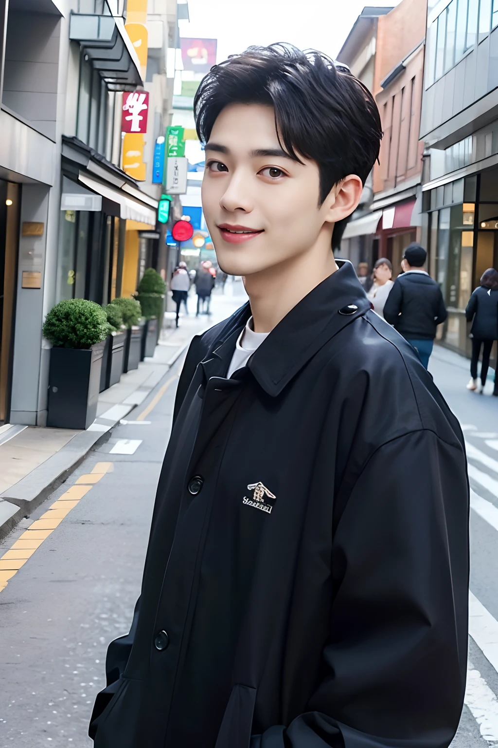 ((Top Quality、masterpiece、photographrealistic:1.4、in 8K))、Cool Japan Man1person、25 Years Old、Well-formed face、Handsome nose、detailed eyes and face、beautiful lighting、(Man walking on a city street)、textured skin、super detaill、hoog detail、High Quality、Hight Resolution、(looking looking at viewer)、detailed mouth、A Smile、s whole body:1.3