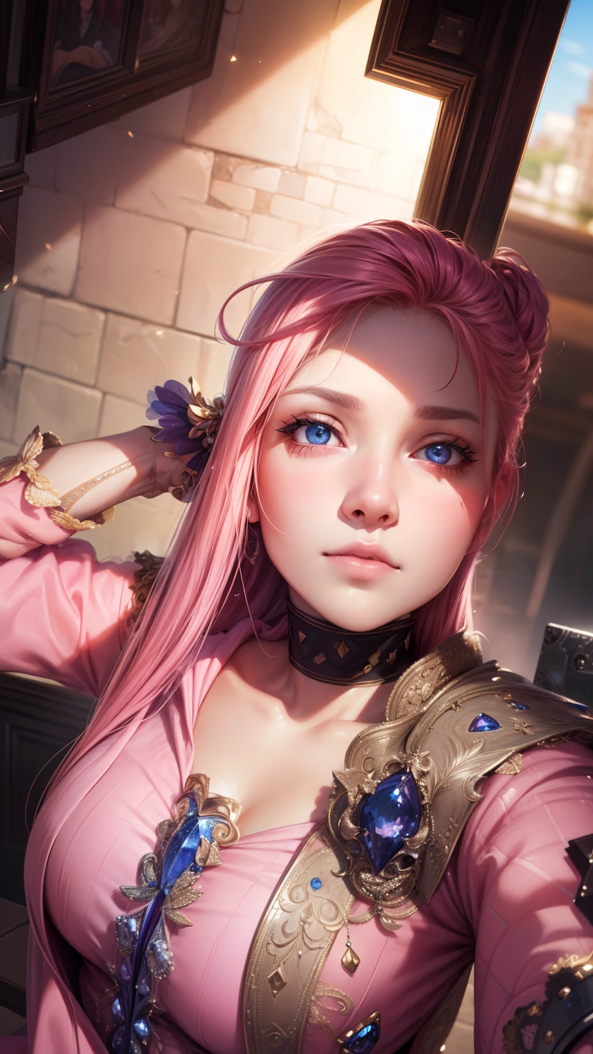 8K, Best Quality, Masterpiece, Ultra High Resolution, (Realism: 1.4), Original Photo, (Realistic Skin Texture: 1.3), (Film Grain: 1.3), (Selfie Angle), 1 Girl, Pink Clothes, Sapphire Color Eyes and Beautiful Face Details, Masterpiece, Best Quality, Close Up, Upper Body