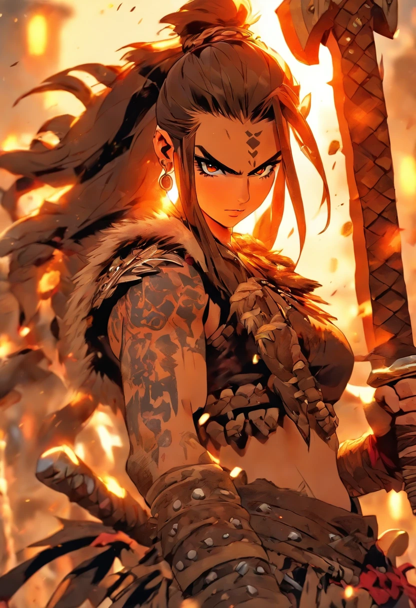 The most beautiful and sexy barbarian girl, long brown hair in a ponytail with animal bone, yellow eyes, wearing highly detailed prehistoric barbarian clothing, tons of tattoos and piercings, holding a huge serrated broadsword, blood splattered, debris and metal fragments blowing in the wind, highly detailed background, perfect masterpiece, high quality, high resolution