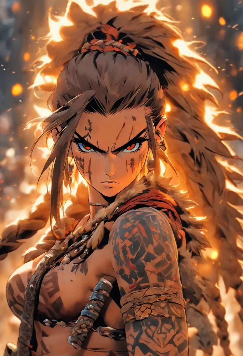 The most beautiful and sexy barbarian girl, long brown hair in a ponytail with animal bone, yellow eyes, wearing highly detailed prehistoric barbarian clothing, tons of tattoos and piercings, holding a huge serrated broadsword, blood splattered, debris and metal fragments blowing in the wind, highly detailed background, perfect masterpiece, high quality, high resolution