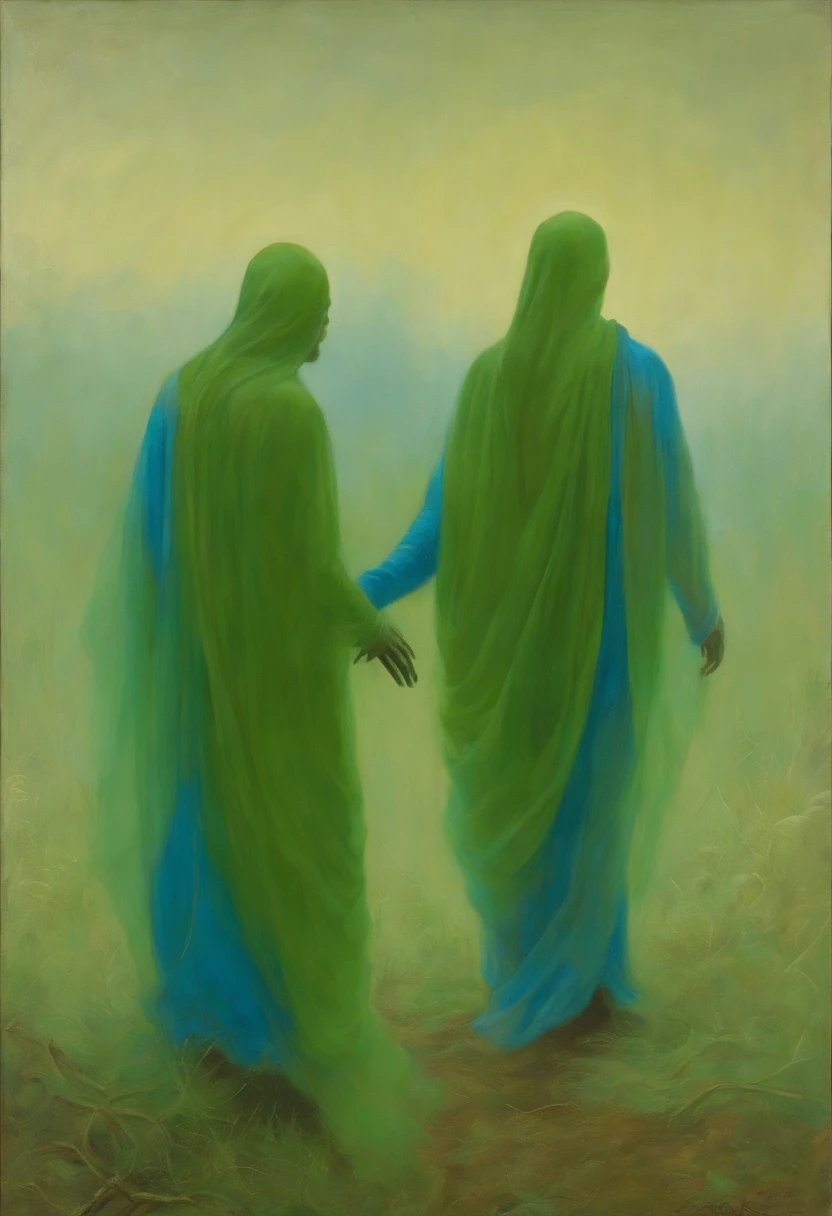 High detail painting in the styleImage in the style of Zdzisław Beksiński (Two blue people dance) (Pessoas vazias) (Ghosts of big people float around, they're green) .(movimentos exagerados) ( the man pulls the woman to dance, his movements are exaggerated) ( The world reflects having no soul) (Barren climate) (heads in the painting style of Francis Bacon) (atmosfera de espanto) ocultista.