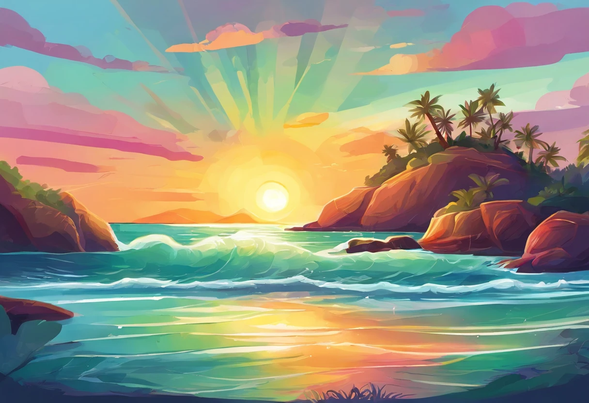 Pixar-style minimalist vector image of a beautiful island sunrise, a secluded beach with small waves crashing softly on the beach, and an open view of a calm emerald ocean, the sun breaking the horizon with rays of rainbow colors softly permeating the sky