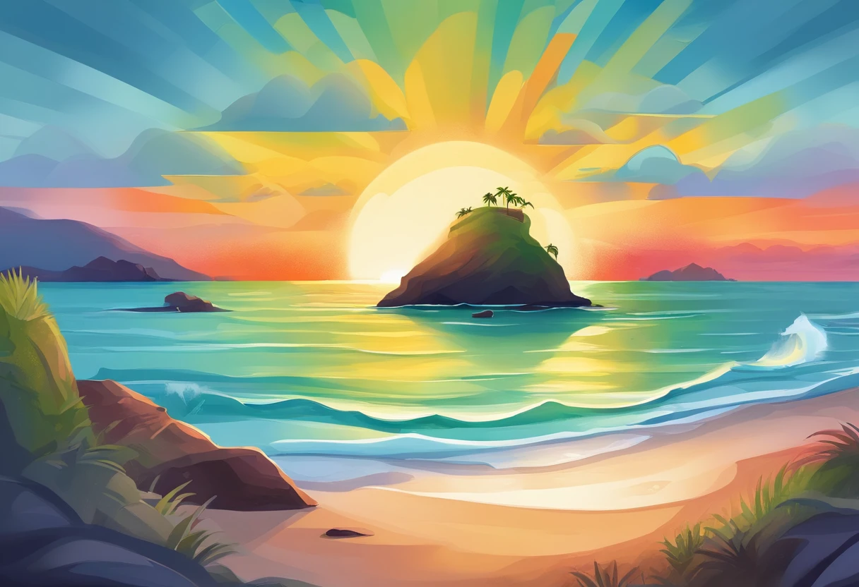 Pixar-style minimalist vector image of a beautiful island sunrise, a secluded beach with small waves crashing softly on the beach, and an open view of a calm emerald ocean, the sun breaking the horizon with rays of rainbow colors softly permeating the sky