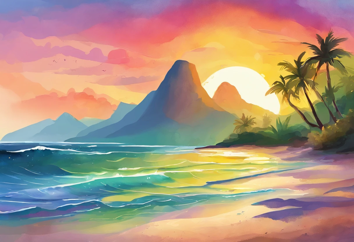 Pixar-style minimalist vector image of a beautiful island sunrise, a secluded beach with small waves crashing softly on the beach, and an open view of a calm emerald ocean, the sun breaking the horizon with rays of rainbow colors softly permeating the sky